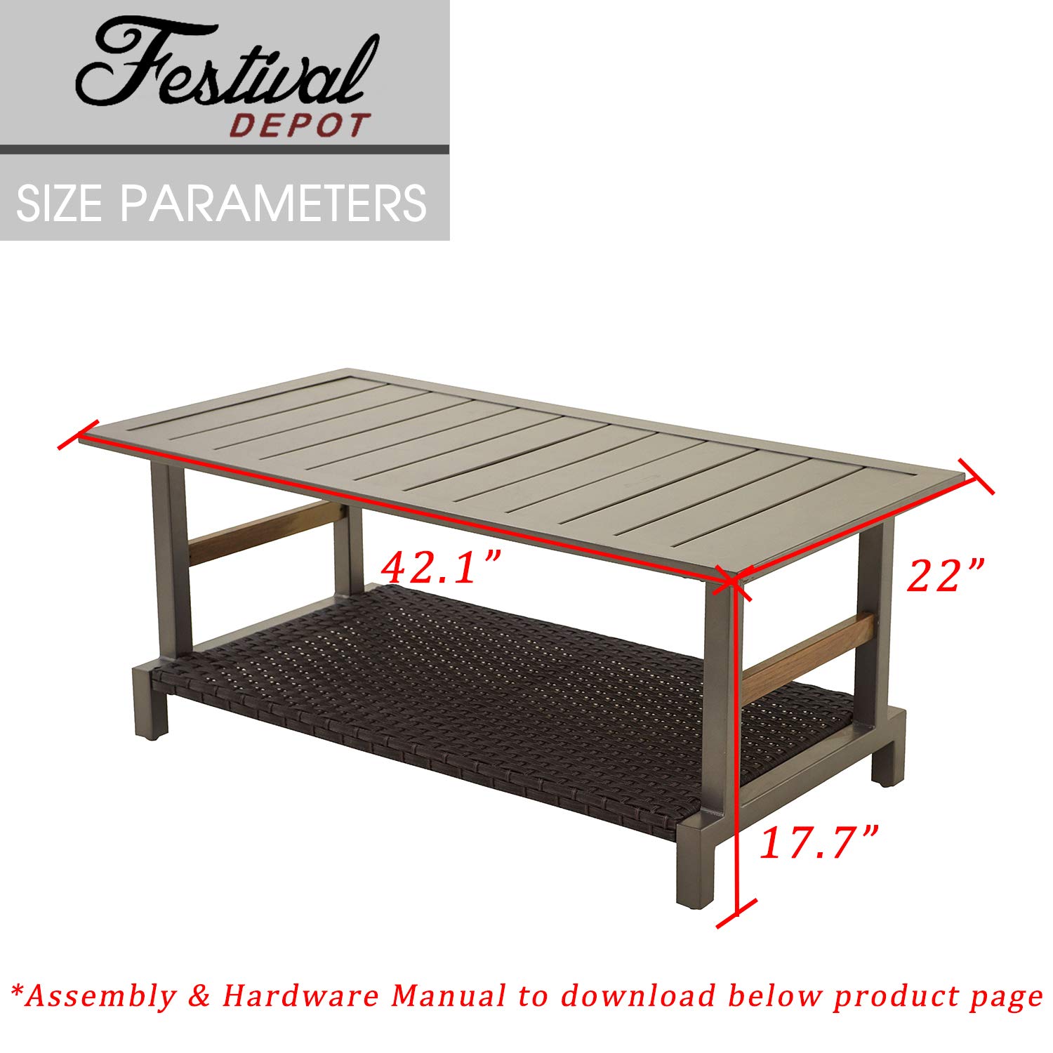 Festival Depot Outdoor Patio Coffee Table - Rectangle Metal Slatted Top with Wicker Rattan Storage Shelf - Garden Yard Furniture for Dining, Lounging & Entertaining - Weather-Resistant Grey