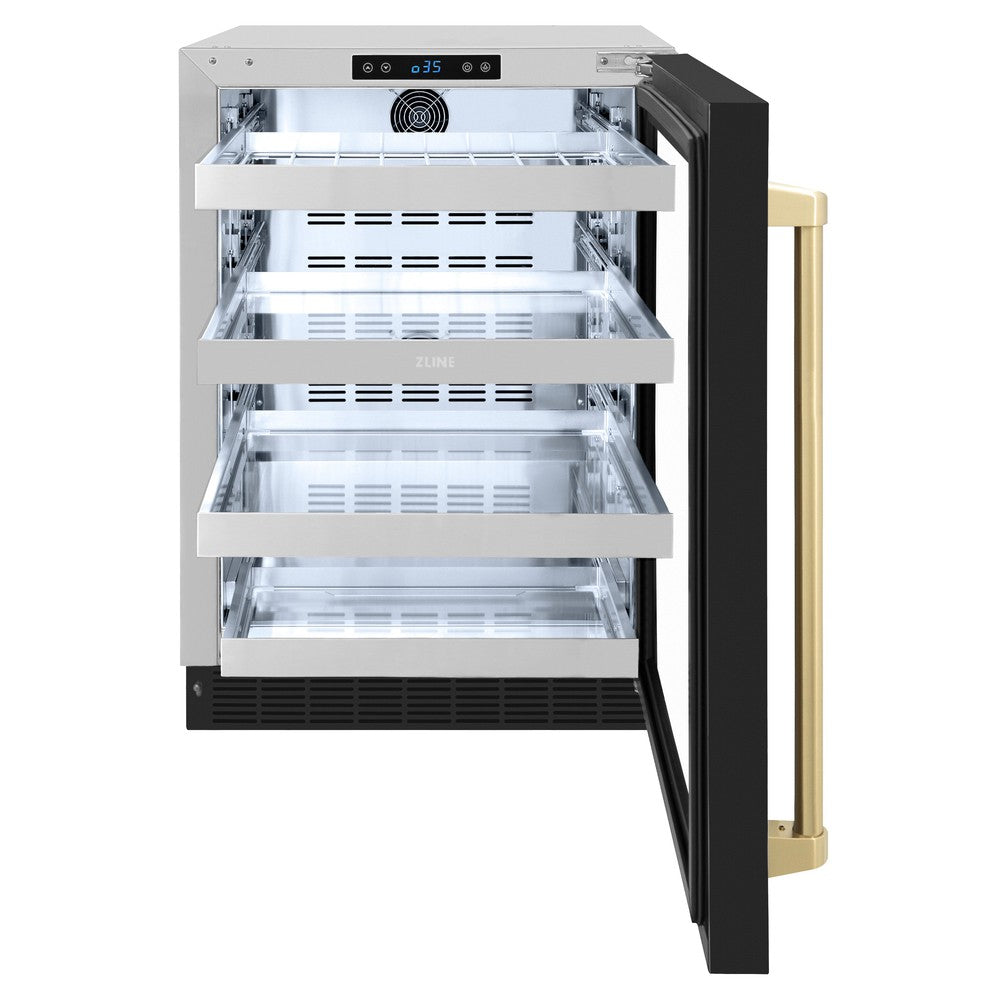 ZLINE Autograph Edition 24 Inch Touchstone 151 Can Beverage Refrigerator - Black Matte Glass Door with Champagne Bronze Handle - Compact Wine Cooler for Home Bar, Office, or Kitchen (RBSOZ BLM 24 CB)