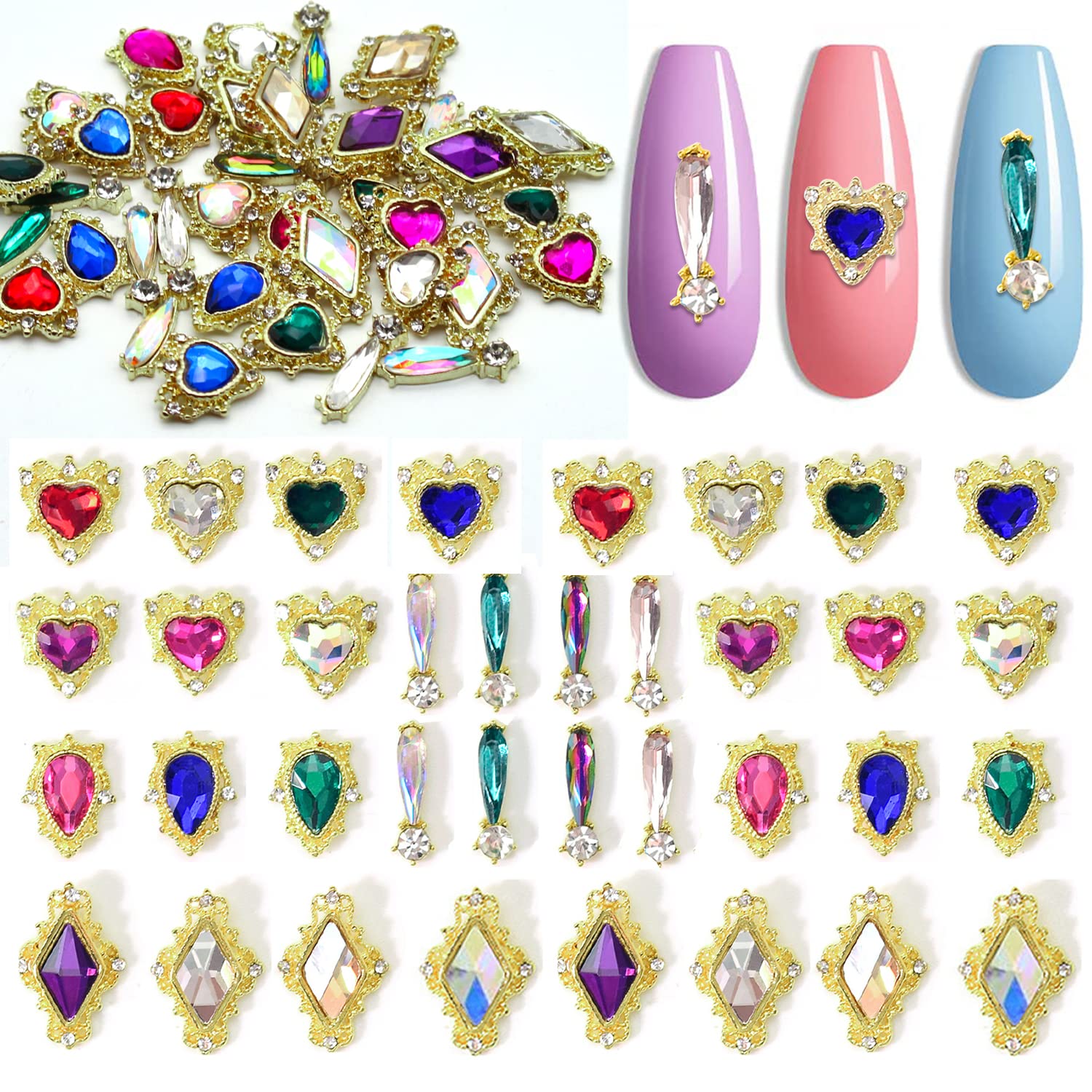 3D Gold Heart Nail Charms - 36pcs AB Crystal Nail Gems for Acrylic Nails & Nail Art