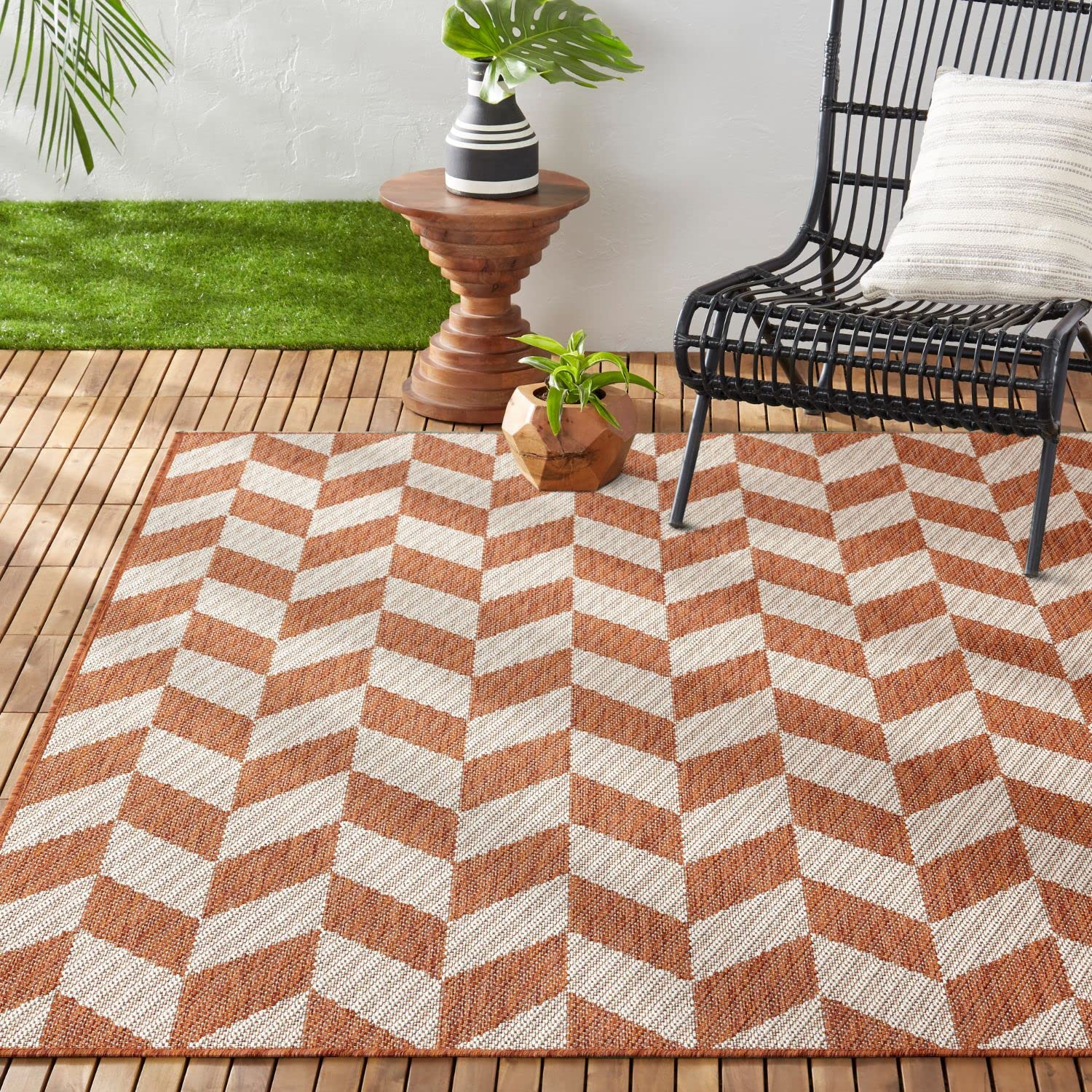 Nicole Miller New York Patio Country Calla Contemporary Herringbone Indoor/Outdoor Area Rug - Orange & Ivory, 7'9