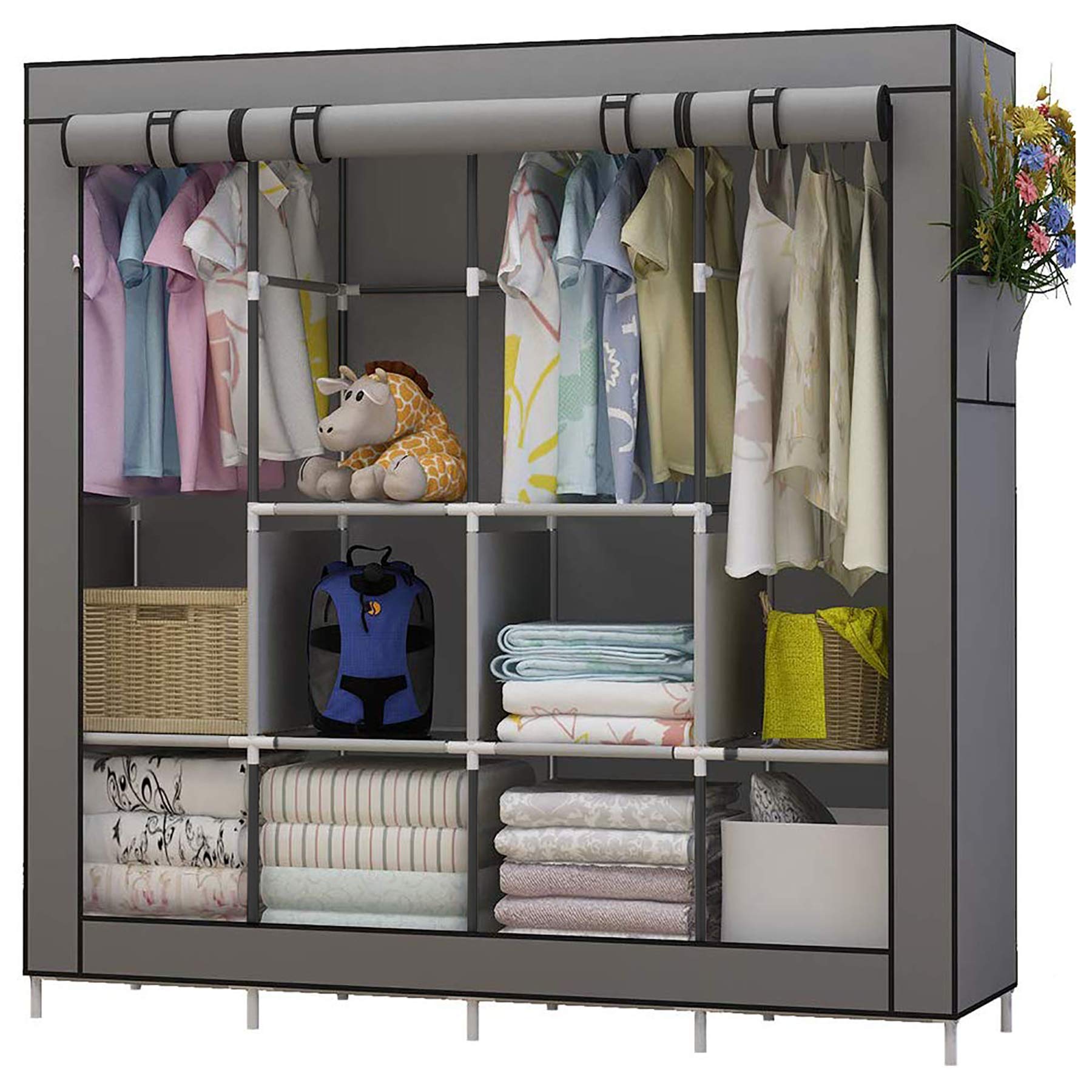 UDEAR Portable Closet - Large Wardrobe Organizer with 6 Shelves, 4 Hanging Sections & 4 Side Pockets (Grey) - Perfect for Bedroom, Closet, Dorm & Small Space Storage