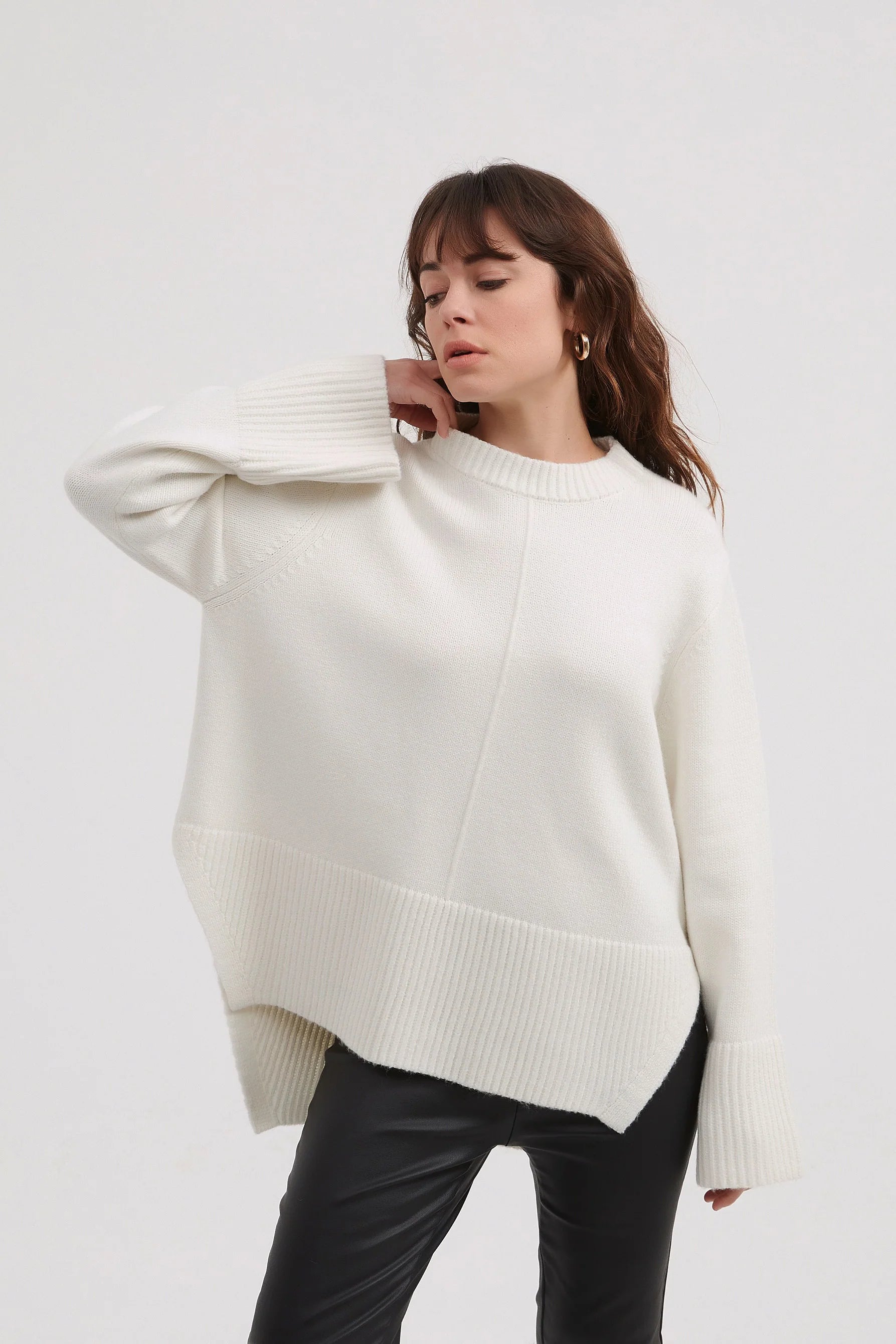 Deep Split Knit Ivory Sweater - Women's Elegant Loose Fit Pullover for Casual & Office Wear | Perfect for Fall & Winter Outfits