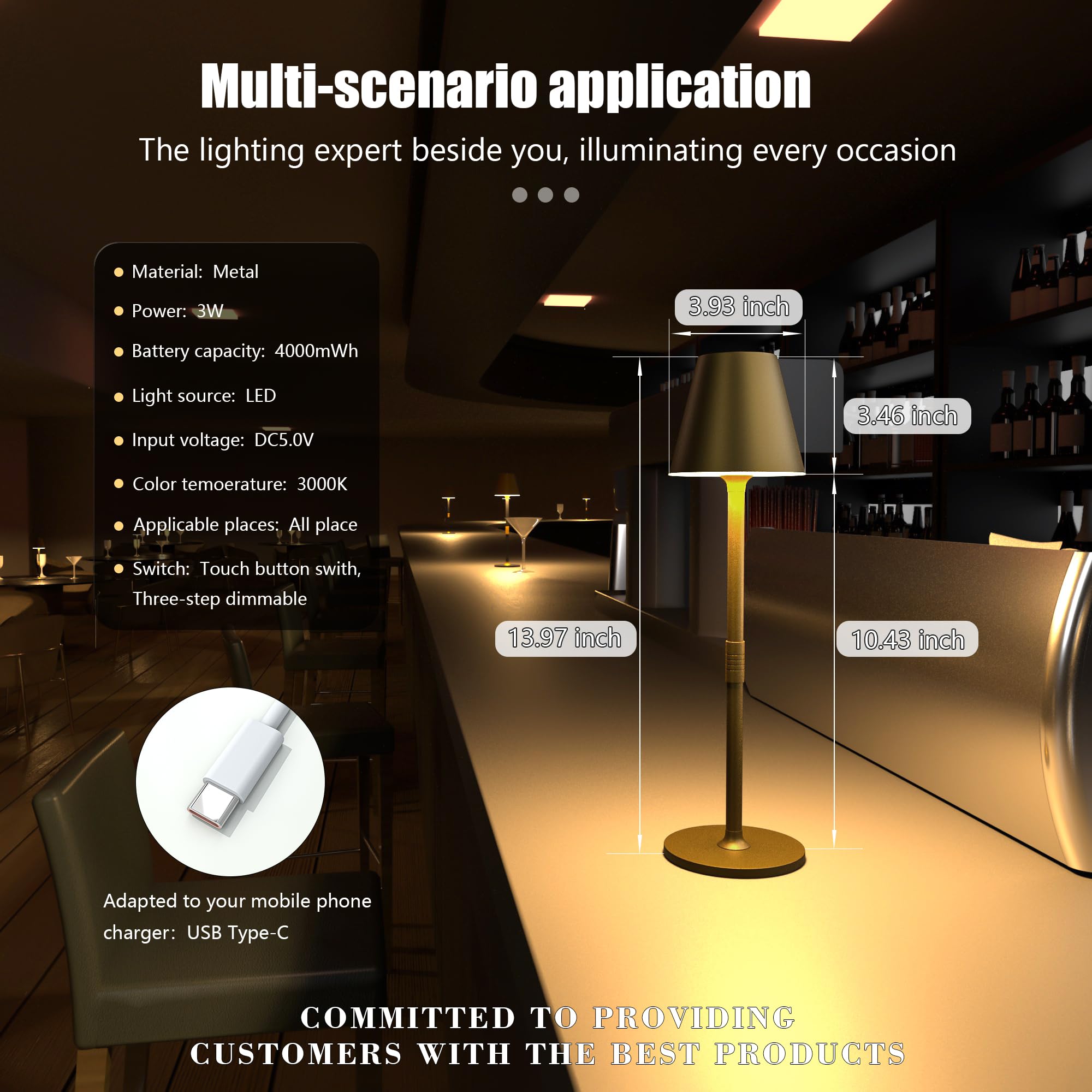 Rechargeable LED Cordless Table Lamp - 4000mAh Battery, 3-Level Brightness Adjustable Night Light, Minimalist Modern Design for Bedroom, Living Room, Office (Bronze, 2 Pack) - Perfect for Romantic Dinners, Reading, and Relaxing Ambience