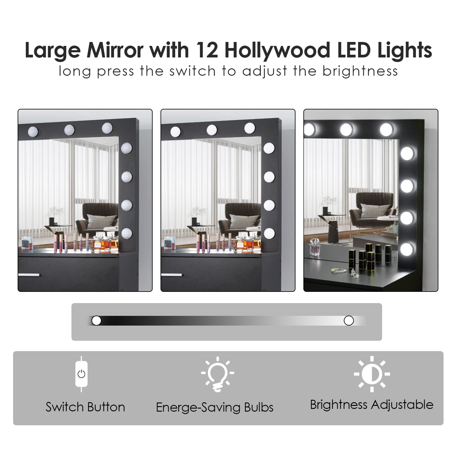 Black Vanity Desk with Mirror & LED Lights - Adjustable Brightness, Large Drawer & Sturdy Wood Makeup Vanity (31.5 Inch) - Perfect for Bedroom, Dressing Room & Beauty Salon