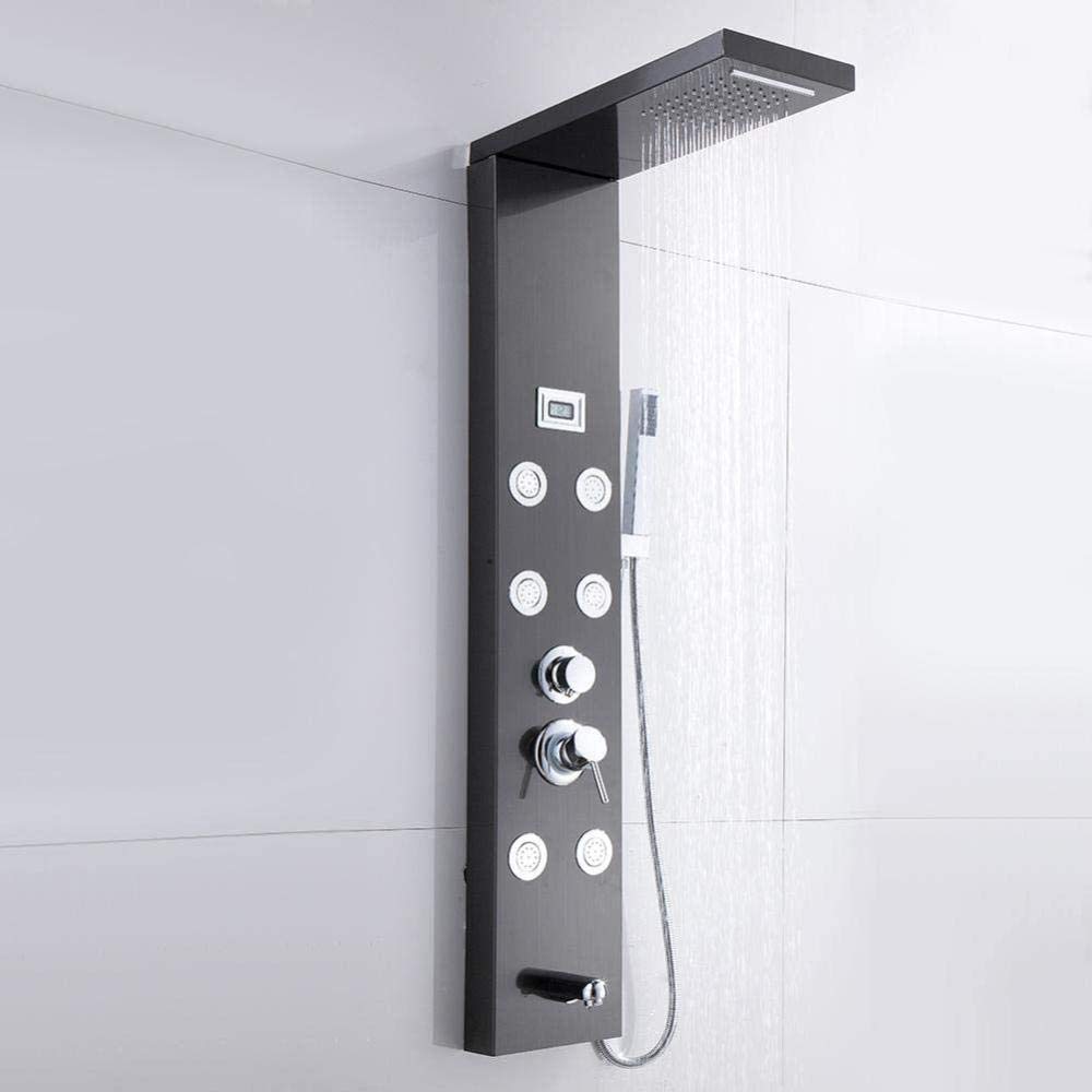 Stainless Steel Shower Panel System with LCD Display, Thermostat & 6 Water Modes - Modern Black Bathroom Upgrade for Spa-Like Experience