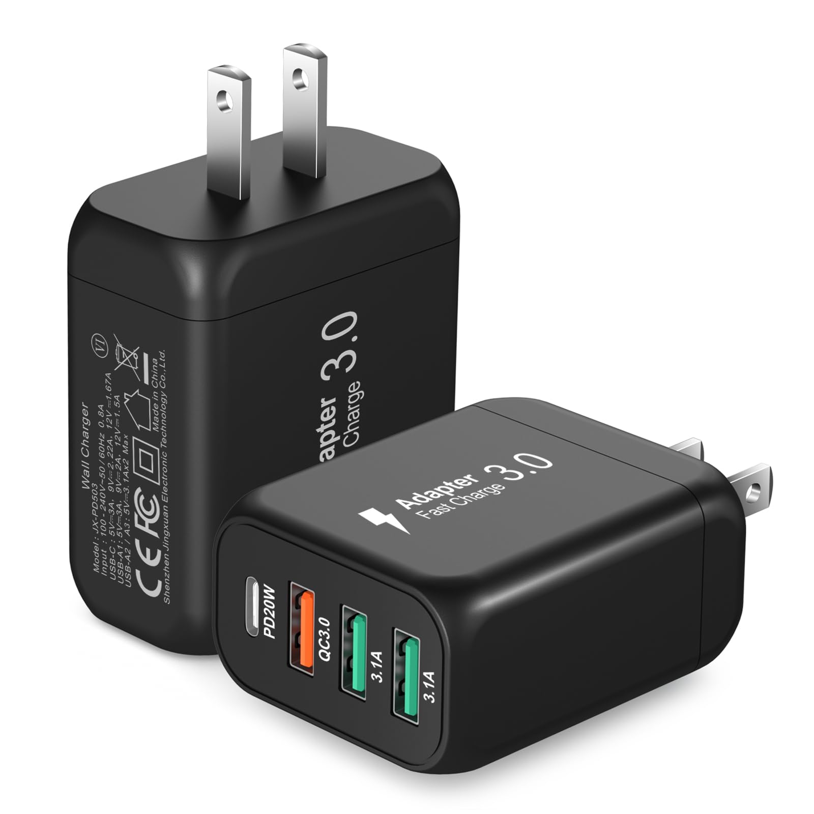 Bangfun 40W 4-Port USB C Fast Charger Block [2 Pack] - PD & QC 3.0 Wall Charger Adapter for iPhone 16/15/14/13/12/11 Pro Max/XR/SE, Samsung Galaxy, iPad, Tablets - Compact Travel Charging Station for Home, Office & Car (Black)