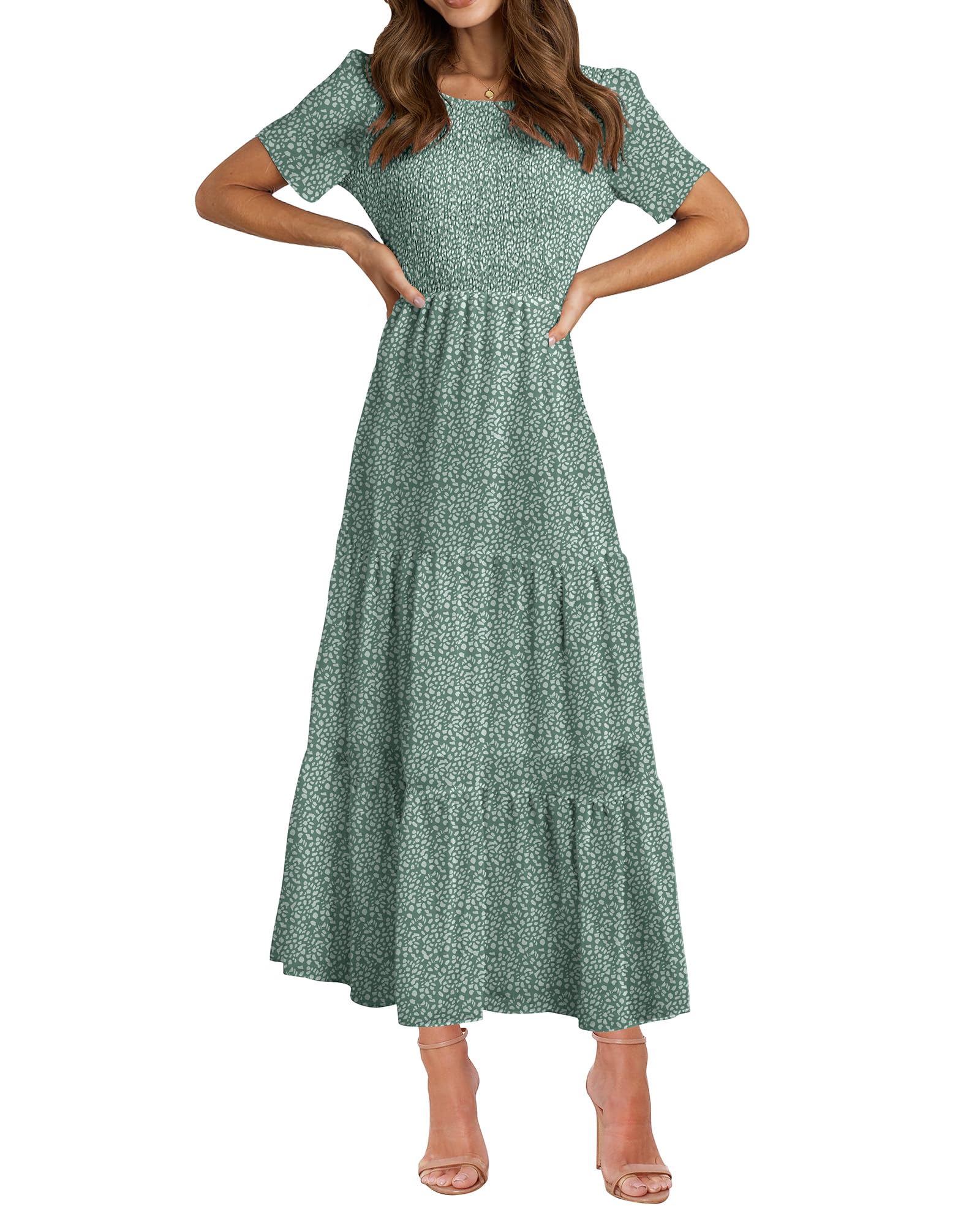 BTFBM Women's Bohemian Floral Print Maxi Dress - Short Sleeve Crew Neck Summer Casual Tiered Flowy Dress for Beach, Vacation & Cocktail Parties