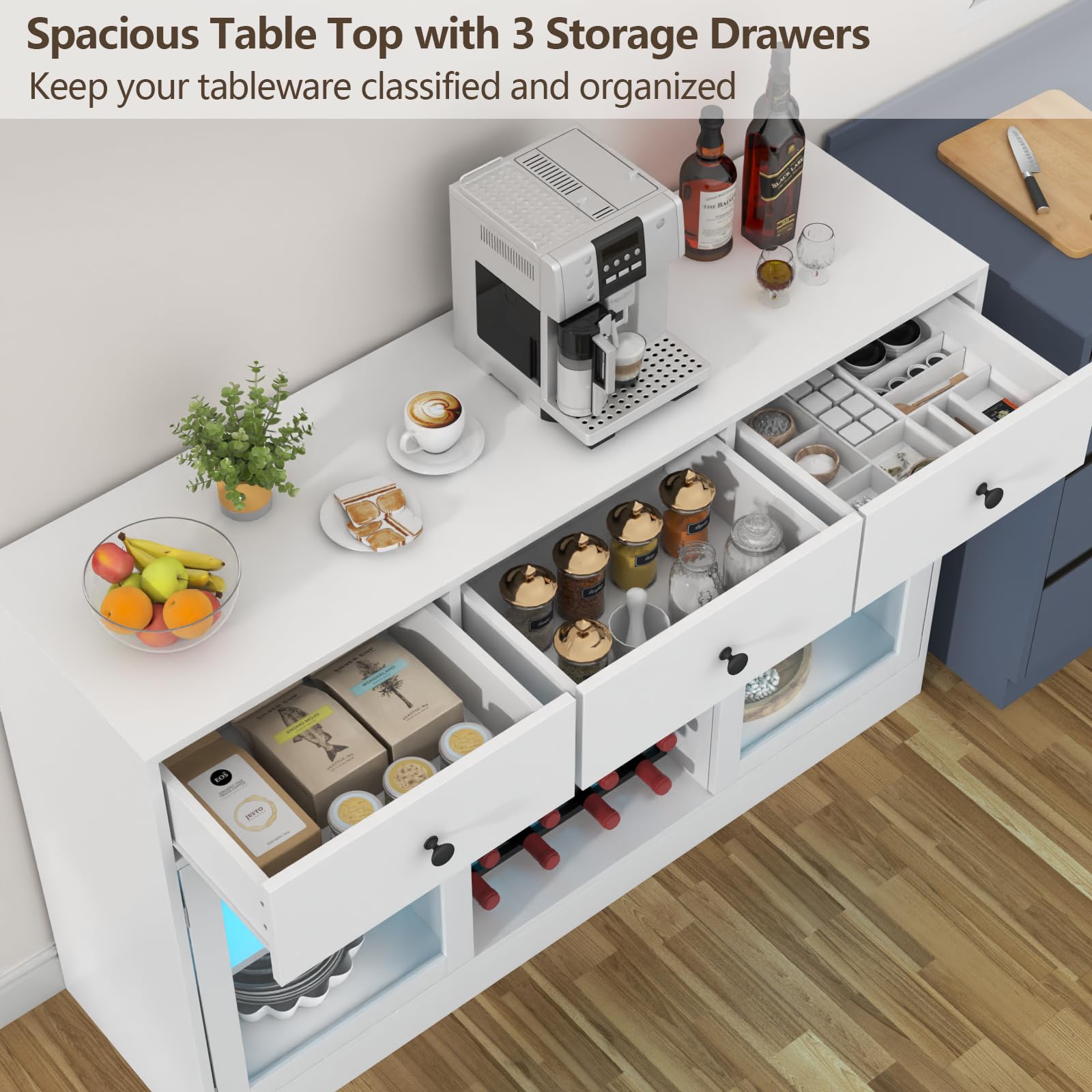 Modern White Wine Bar Cabinet with LED Lights - Home Coffee & Liquor Storage with Glass Rack, Kitchen Buffet Sideboard with Storage Cabinet & Drawers - Perfect for Living Room, Dining Room & Entertaining Guests