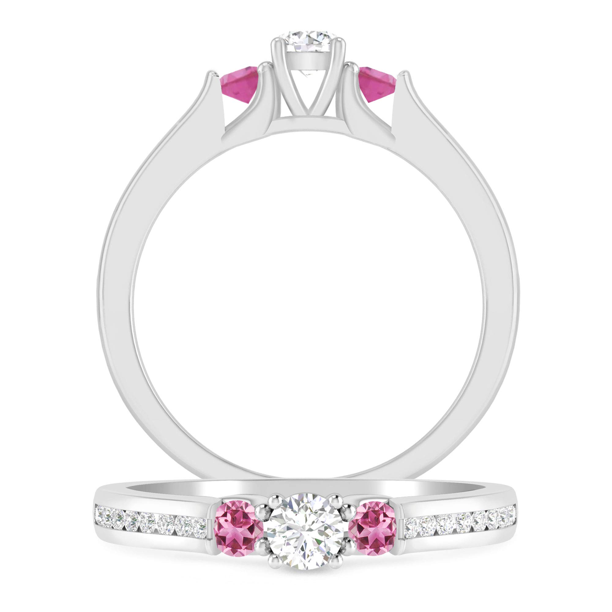Inspereza 10K Gold 1/2 Carat Round Diamond & Pink Tourmaline Three Stone Engagement Ring | Size 5-8, H-I Color, I2-I3 Clarity | Perfect for Wedding Proposals, Anniversaries & Romantic Gifts