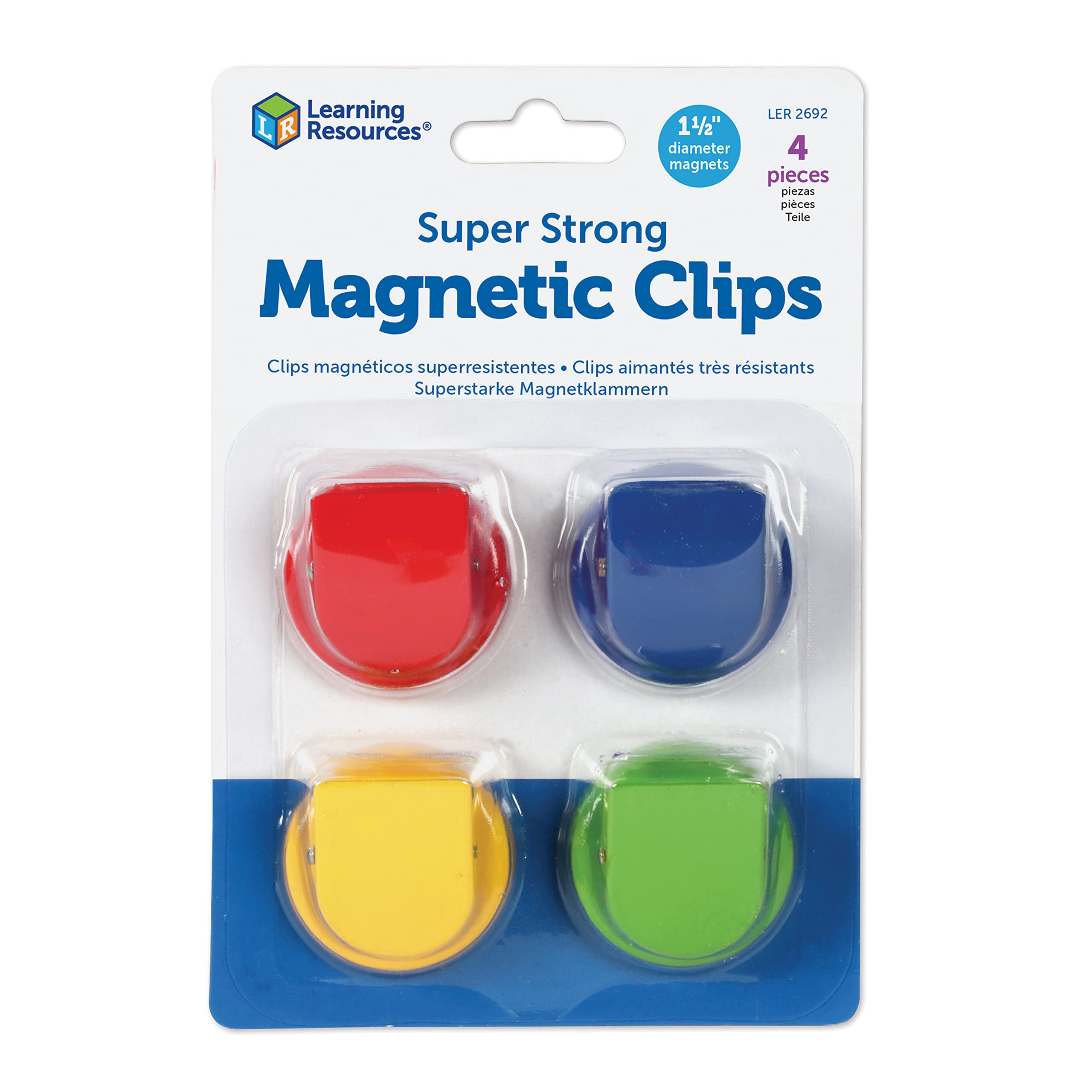 Learning Resources Super Strong Magnetic Clips - Set of 4 Heavy Duty Clips Holds 20 lbs - Perfect for Office, School & Classroom Organization - Ideal for Whiteboards, Fridge, Lockers & Bulletin Boards