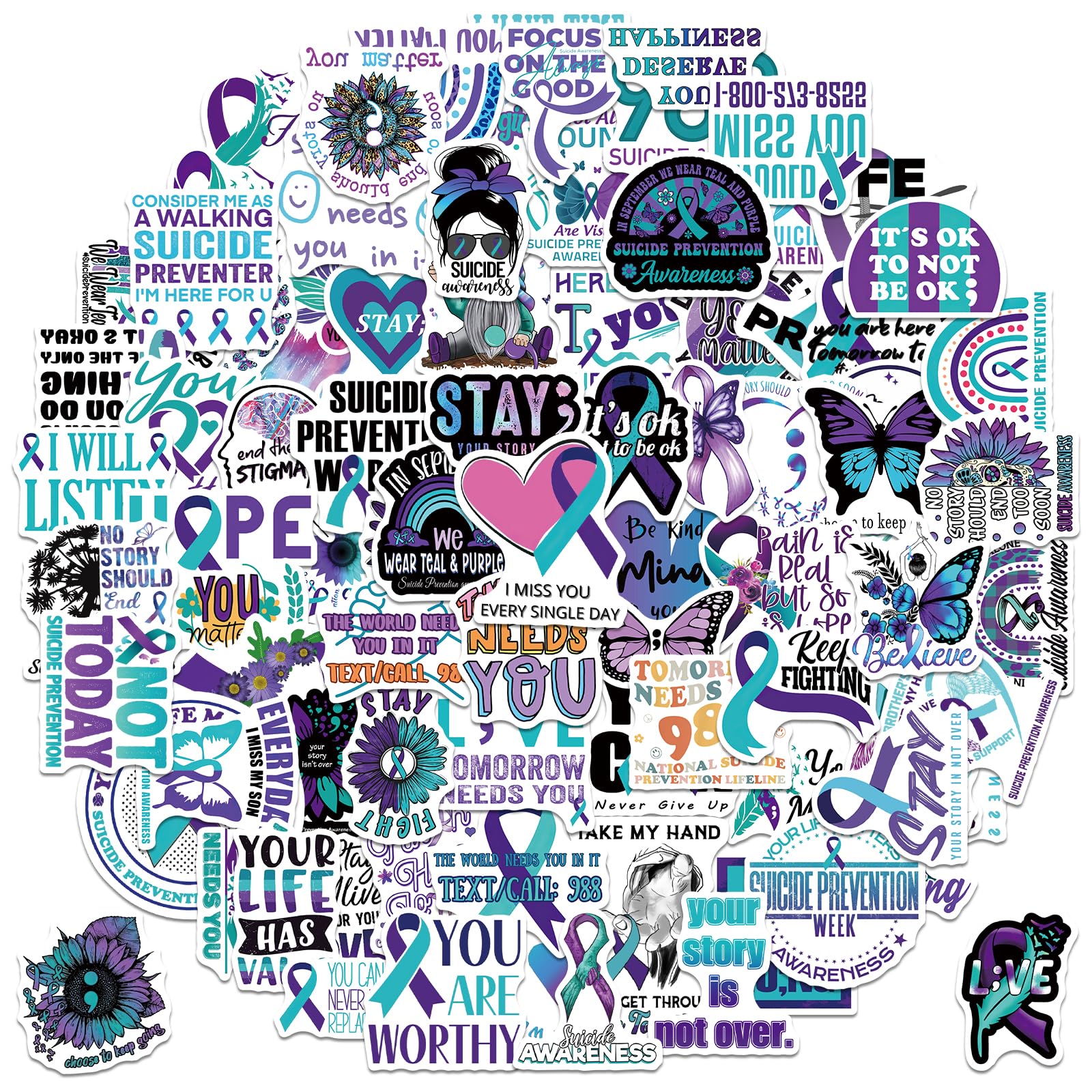 100Pcs Suicide Prevention Stickers - Motivational Mental Health Awareness Decals for Water Bottles, Laptops, Journals - Waterproof Self-Adhesive Inspirational Stickers for Adults & Teens - Perfect for School, Work, Therapy & Daily Encouragement