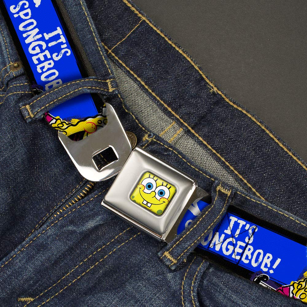 SpongeBob Pose Seatbelt Buckle Belt - Adjustable for Men, Women & Kids | Black Blue White Striped Design | Perfect for Cosplay, Costume Parties & Cartoon Fans