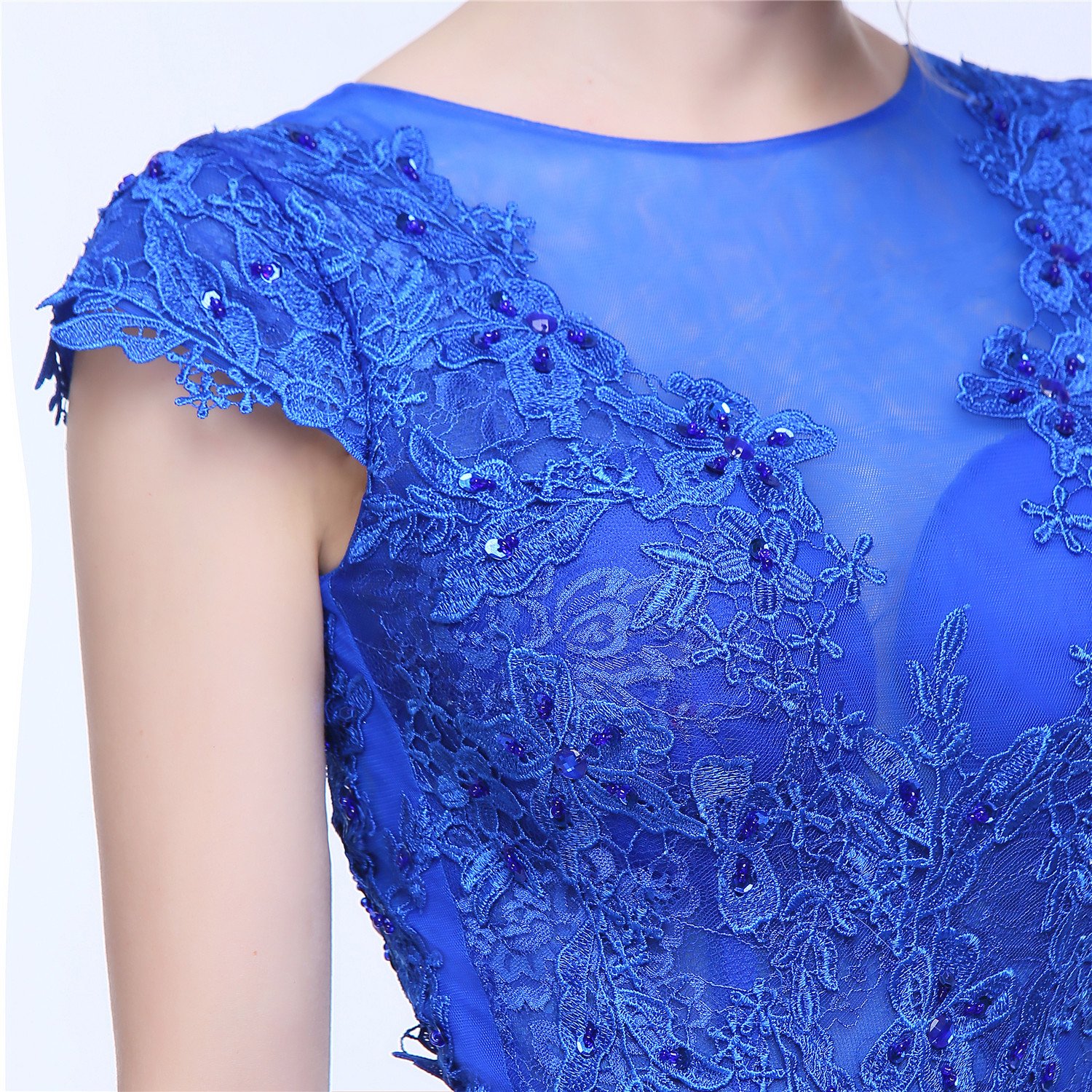 Elegant Blue Homecoming Dress with Lace Applique, Short Sleeve A-Line Long Dress for Prom, Formal Events & Special Occasions