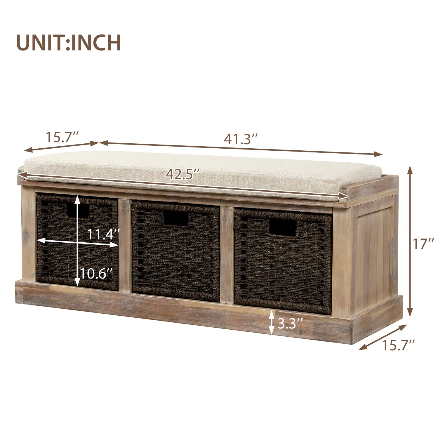 Knocbel Entryway Storage Bench with 3 Woven Baskets & Removable Cushion - 41.3