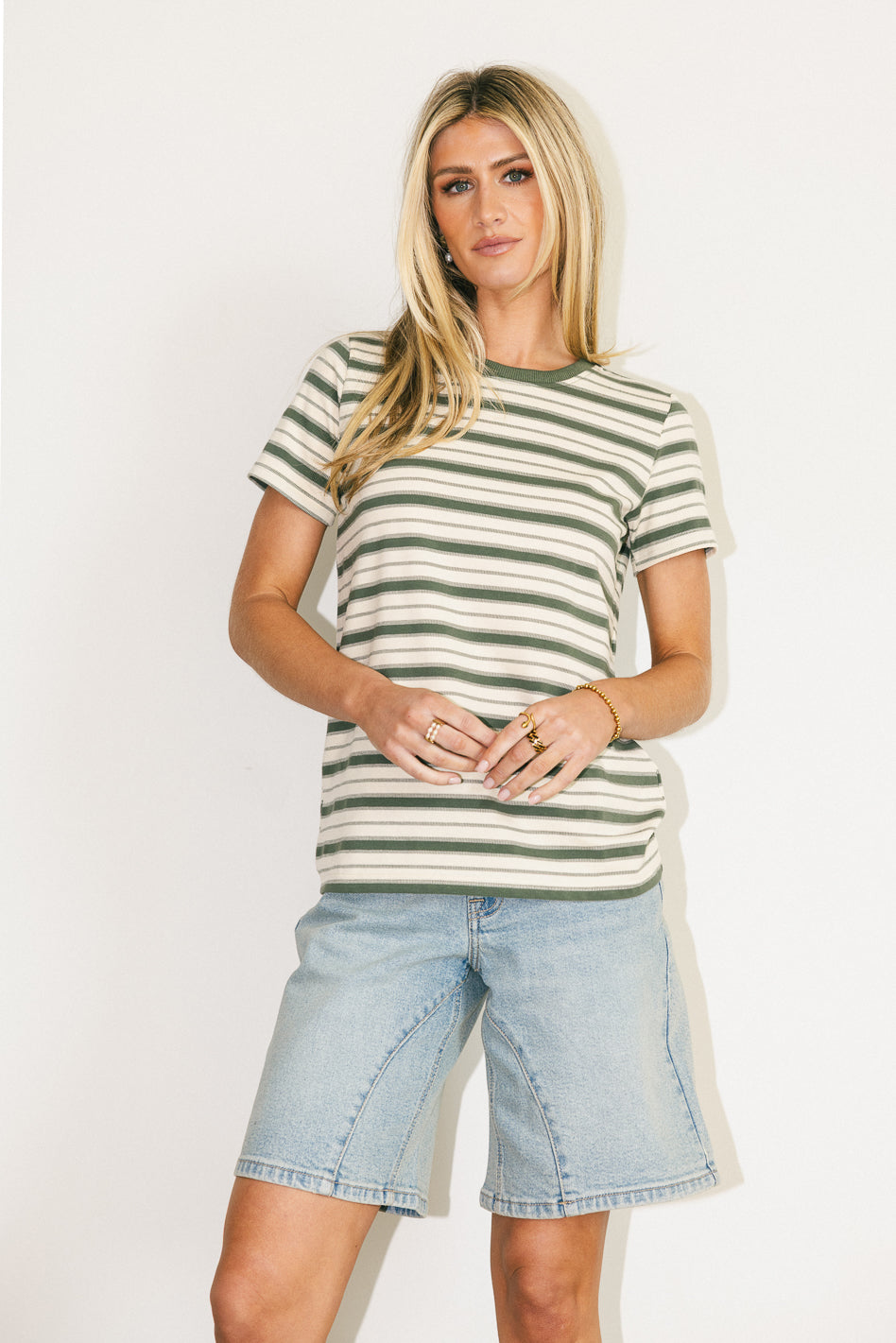 Kelly Striped Tee in Jade - Women's Casual Short Sleeve T-Shirt for Summer Outfits & Everyday Wear