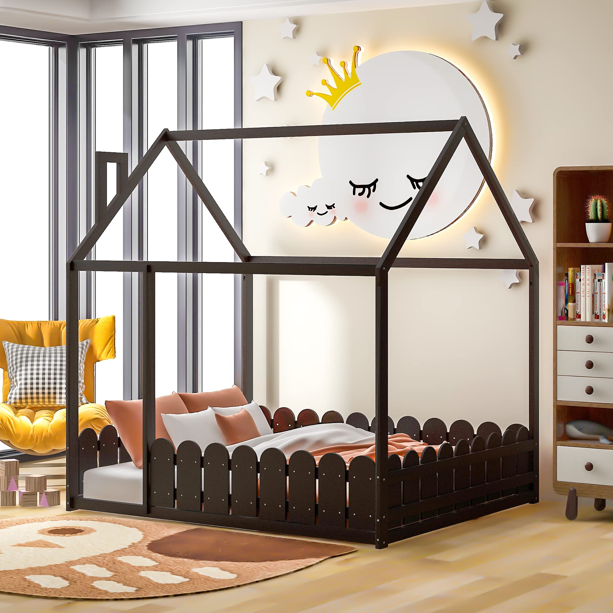 **Harper & Bright Designs Full Size House Bed for Kids - Wooden Bed Frame with Roof & Fence for Boys, Girls & Teens - Easy Assembly (Espresso) - Perfect for Bedrooms, Playrooms & Cozy Sleep Spaces**