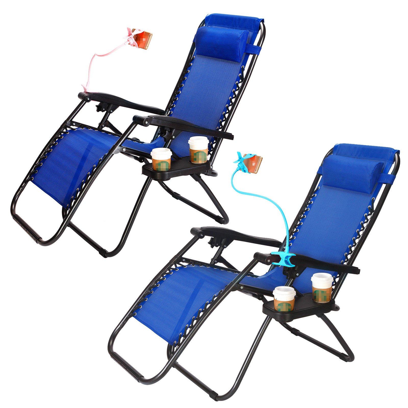 Set of 2 Adjustable Zero Gravity Lounge Chairs with Cup Holder & Phone Slot - Foldable Outdoor Recliners with Snack Tray for Patio, Poolside, Backyard Relaxation & Sunbathing