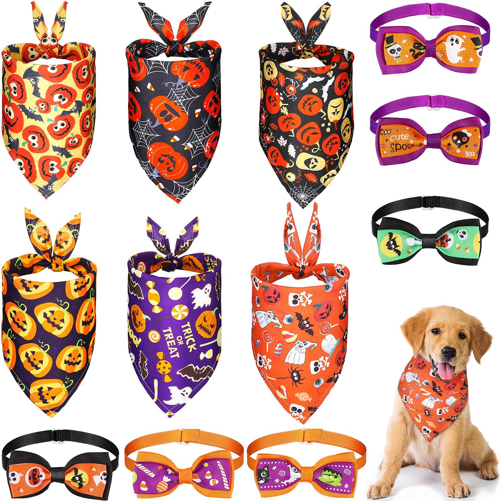 12-Piece Halloween Dog Bandana Set - Adjustable Pet Bowtie, Pumpkin Ghost Collar & Triangle Neckerchief for Dogs & Cats - Halloween Pet Costume Accessories & Party Decorations (Perfect for Trick-or-Treating, Pet Parties & Spooky Photo Shoots)