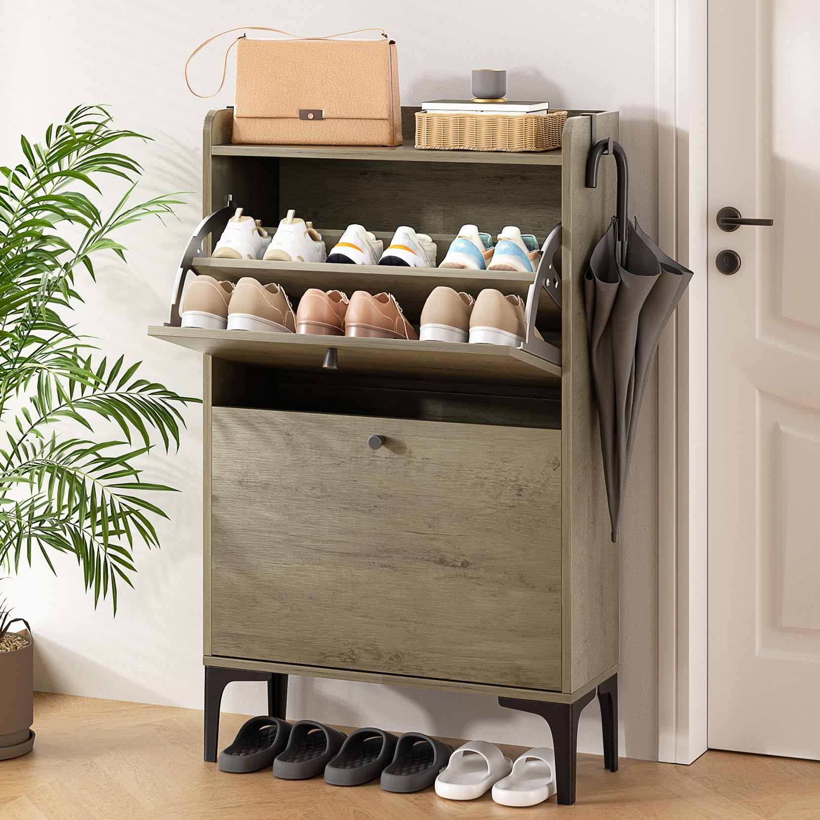 Dripex 2-Tier Flip Drawer Shoe Storage Cabinet - Modern Adjustable Narrow Shoe Rack with Metal Legs, Freestanding Entryway Organizer for Hallway, Living Room, Bedroom (23