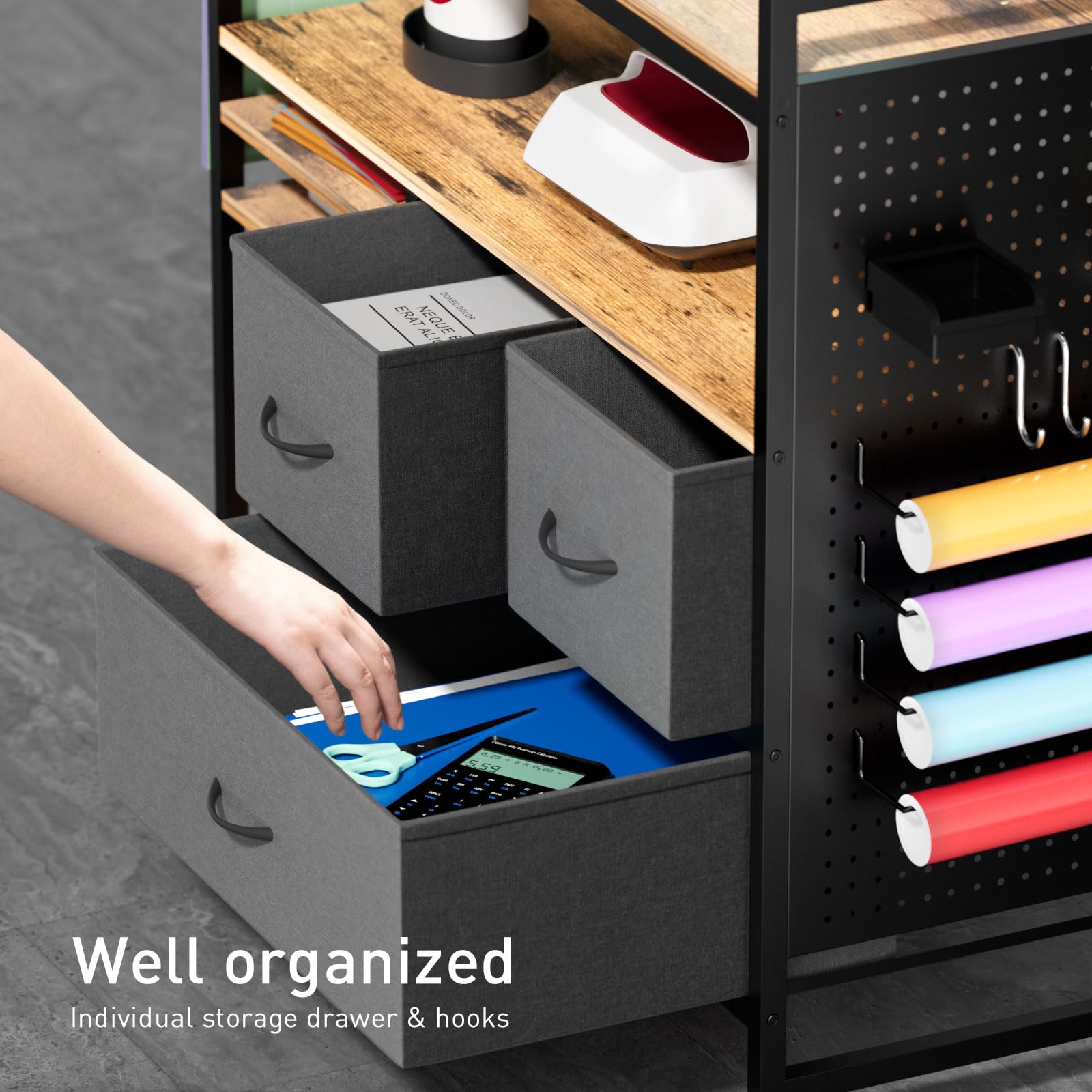 PUNLUXU Craft Storage Organizer for Cricut Machines - Vinyl Roll Holder, DIY Pegboard with Accessories, Rolling Craft Table with Storage Cabinet Workstation PU-01 (Patent Protected) | Perfect for Scrapbooking, Vinyl Cutting & DIY Craft Room Organization