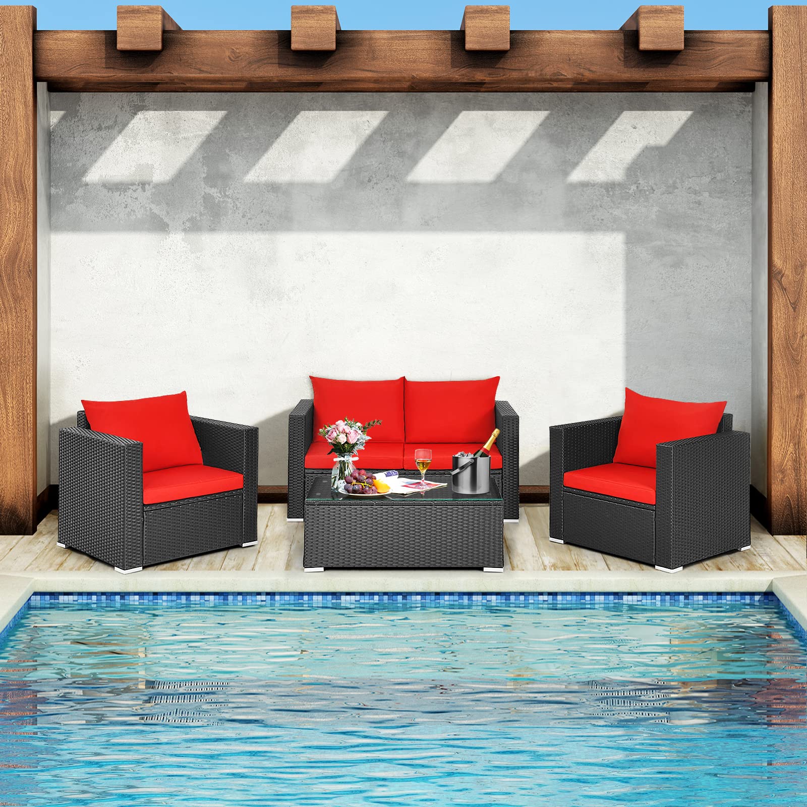 Tangkula 4-Piece Outdoor Rattan Patio Furniture Set - Wicker Sofa Sectional with Cushions & Glass Coffee Table for Garden, Balcony, Courtyard - Perfect for Relaxing, Entertaining & Outdoor Gatherings