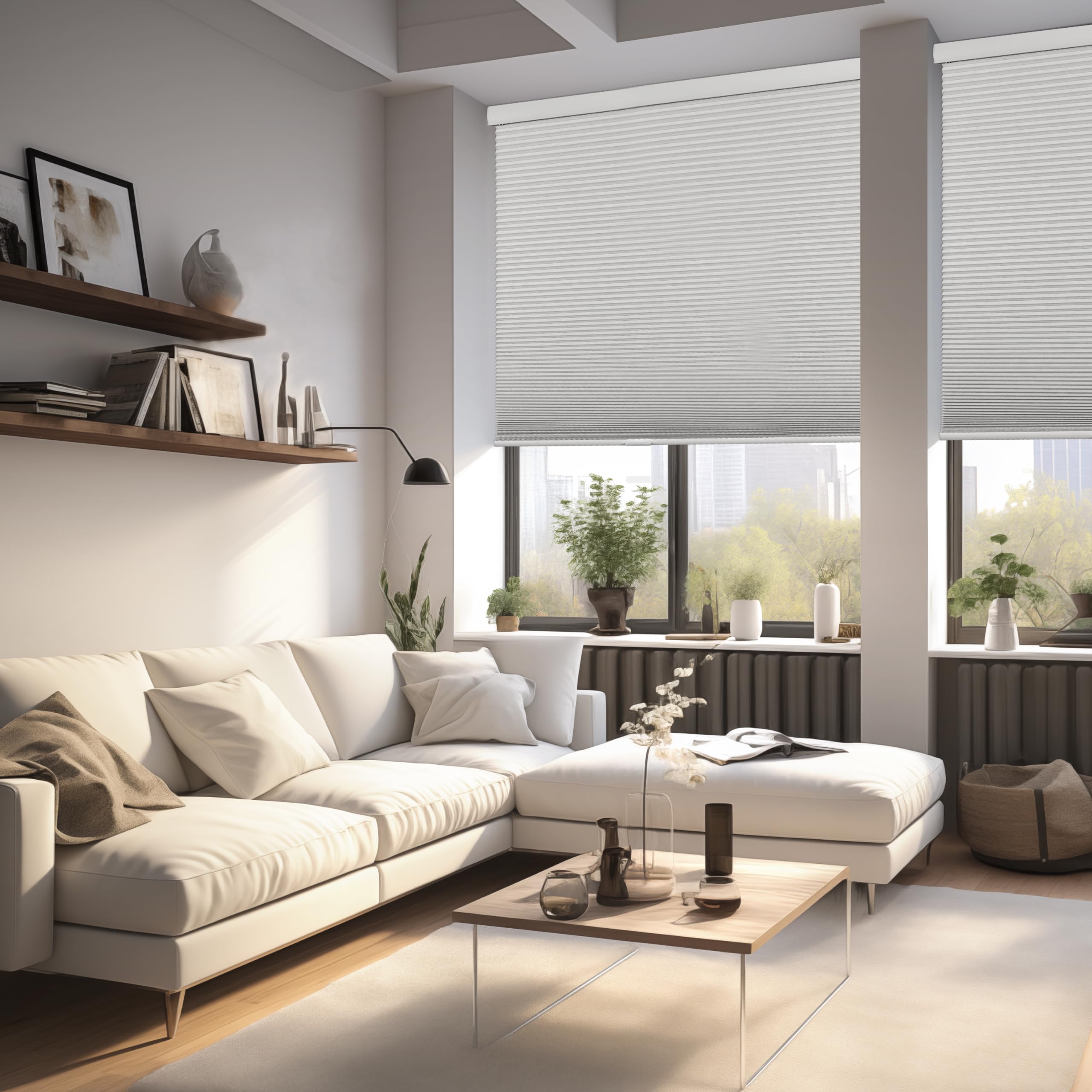 Boolegon No Drill Blackout Cellular Shades - Cordless Honeycomb Blinds for Windows & Doors, Easy Install No Tools or Screws, White, 46.5