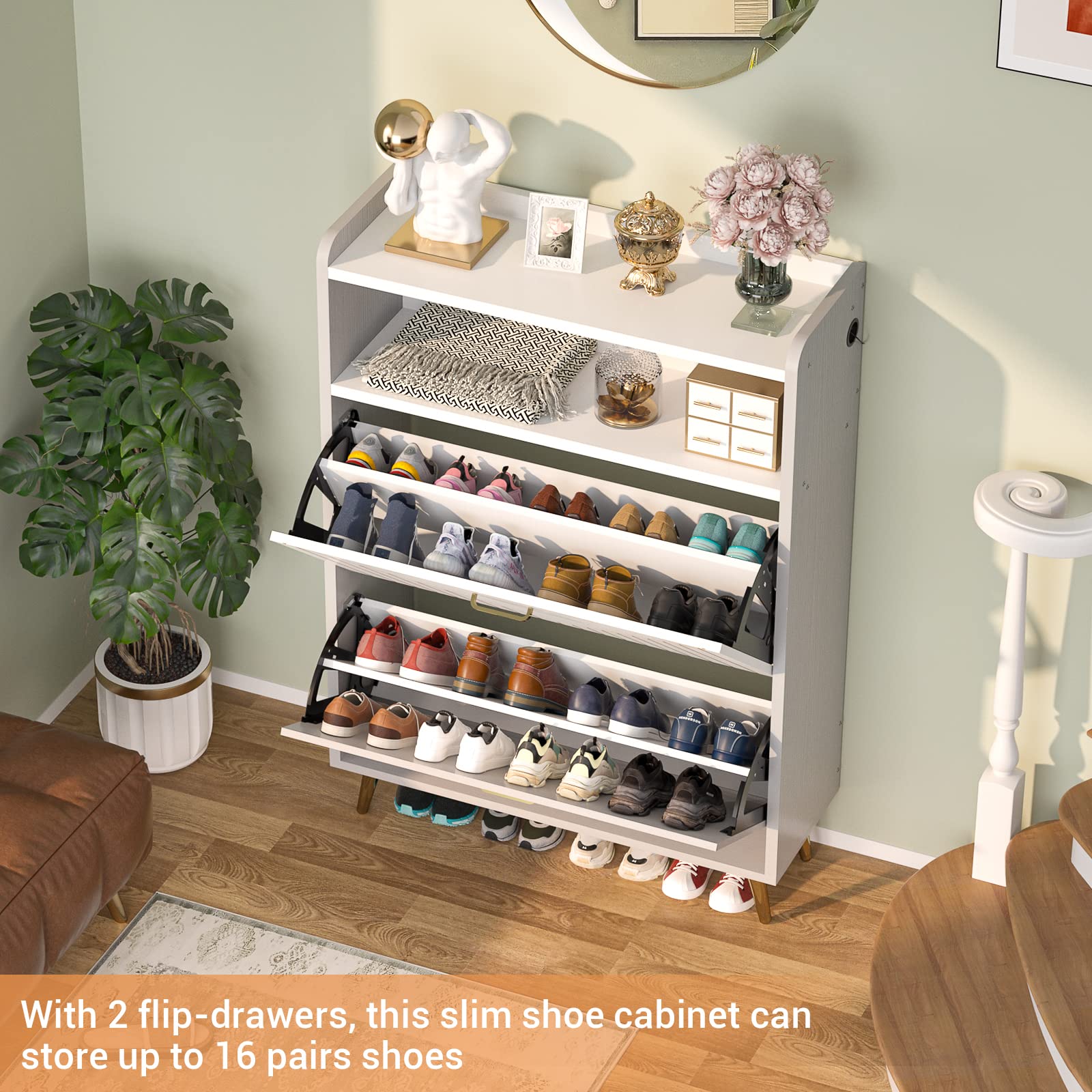 Aheaplus Motion Sensor LED Shoe Cabinet Organizer - Narrow Wooden Shoe Rack with Open Shelves for Entryway, Closet & Living Room (Grey & White) | Space-Saving Shoe Storage Solution for Small Apartments & Modern Homes