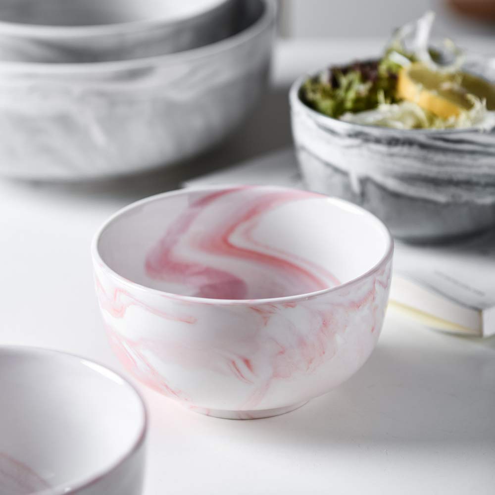Yundu 14oz Pink Marble Porcelain Bowls Set of 6 - Microwave & Dishwasher Safe - Perfect for Ice Cream, Dessert, Cereal, Soup & Salad - Elegant Serving Bowls for Parties, Daily Use & Home Decor