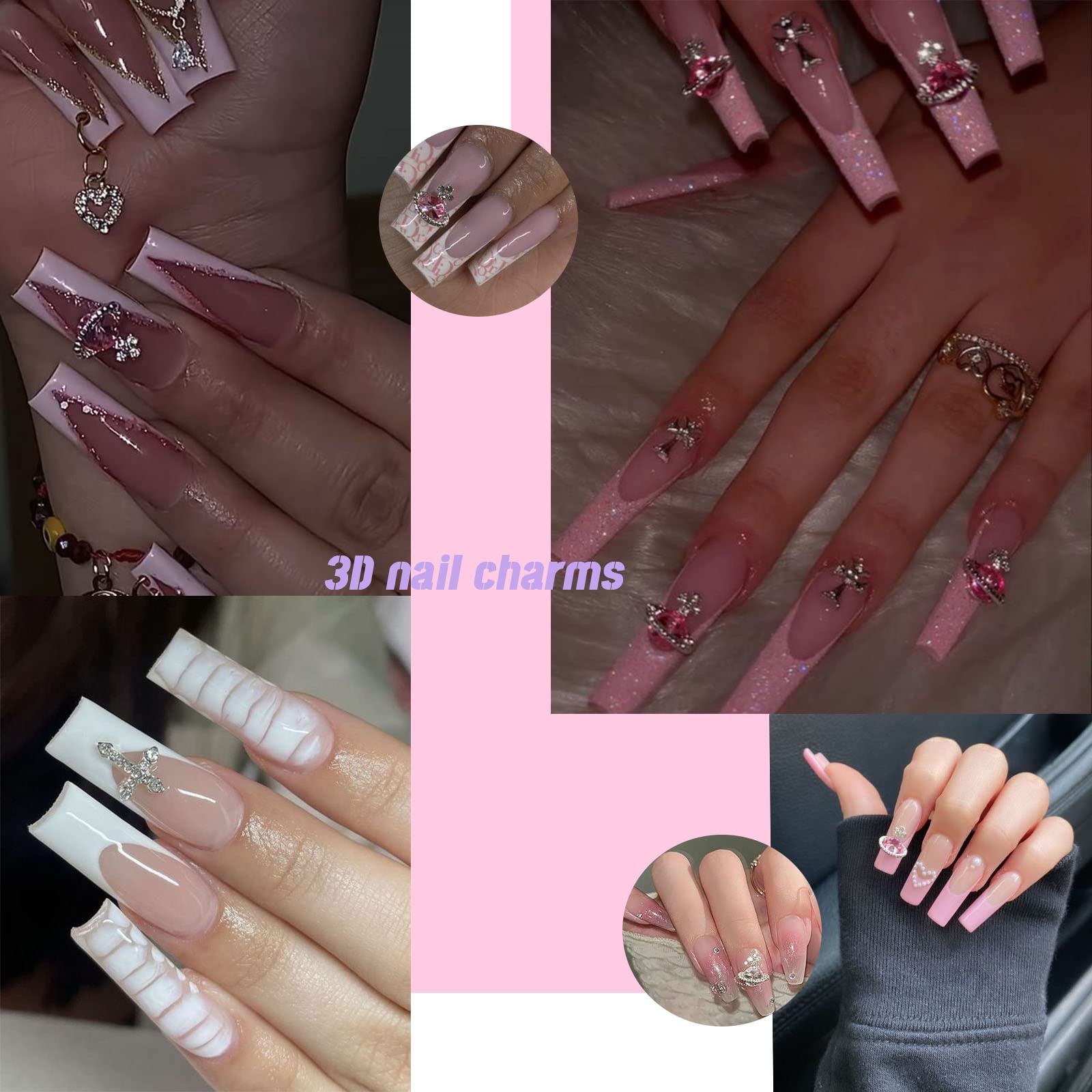 25 PCS 3D Planet Nail Art Charms with Rhinestones - White & Pink Saturn Design Shiny Nail Gems, Acrylic Nail Jewelry for Women - Perfect for Nail Salon, DIY Manicure, Party Nail Decorations