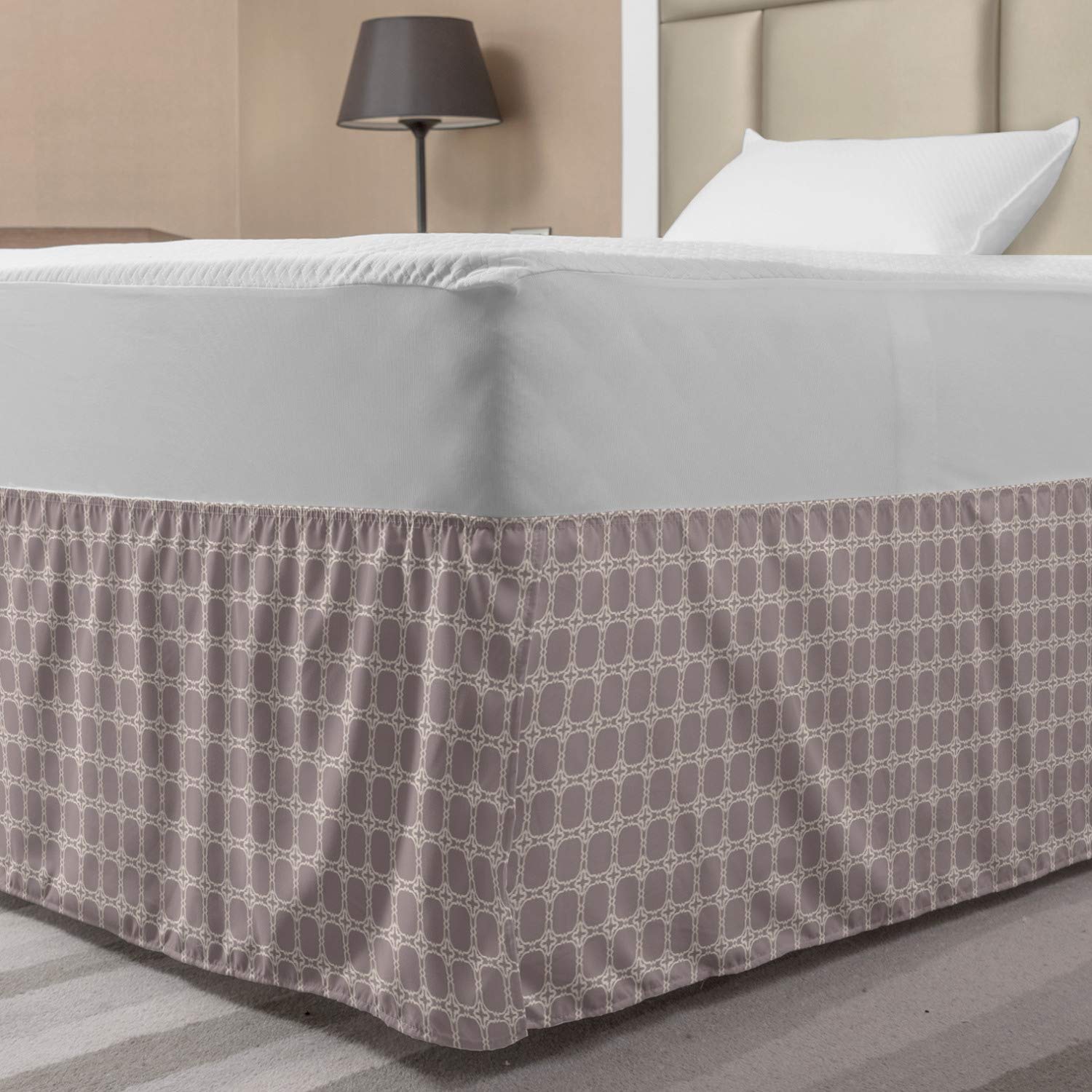 Ambesonne Abstract Bed Skirt - Oriental Style Pastel Tone Illustration with Simplistic Frames, Elastic Wrap Around Dust Ruffle for Queen/King Size Beds - Perfect for Bedroom Decor, Hotel Styling and Home Makeover (Full Size, Eggshell Champagne)