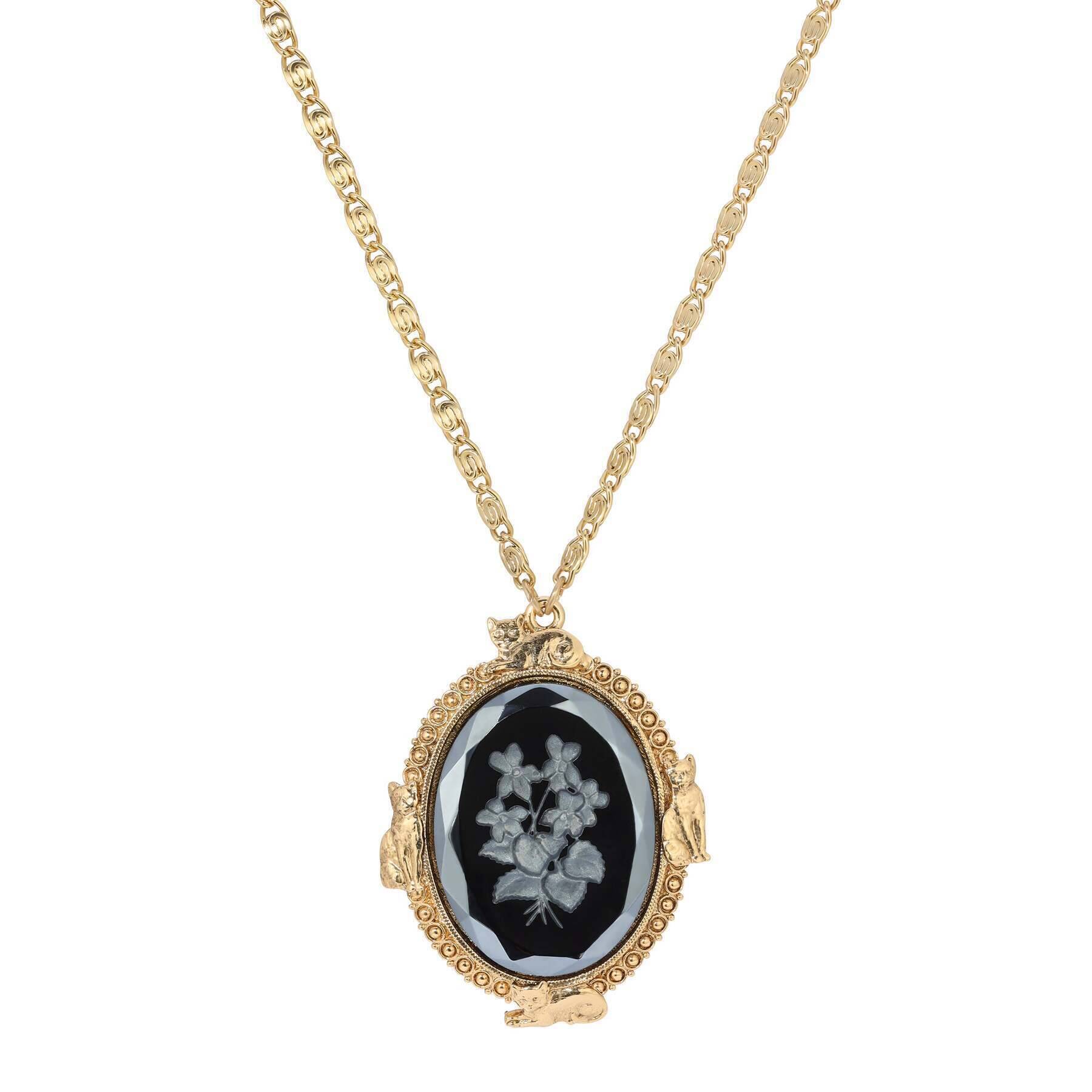 1928 Jewelry Feline Flora Fusion Black German Glass Stone Pendant Necklace - 30 Inch Vintage Style Statement Necklace for Women, Perfect for Evening Parties, Weddings & Special Occasions