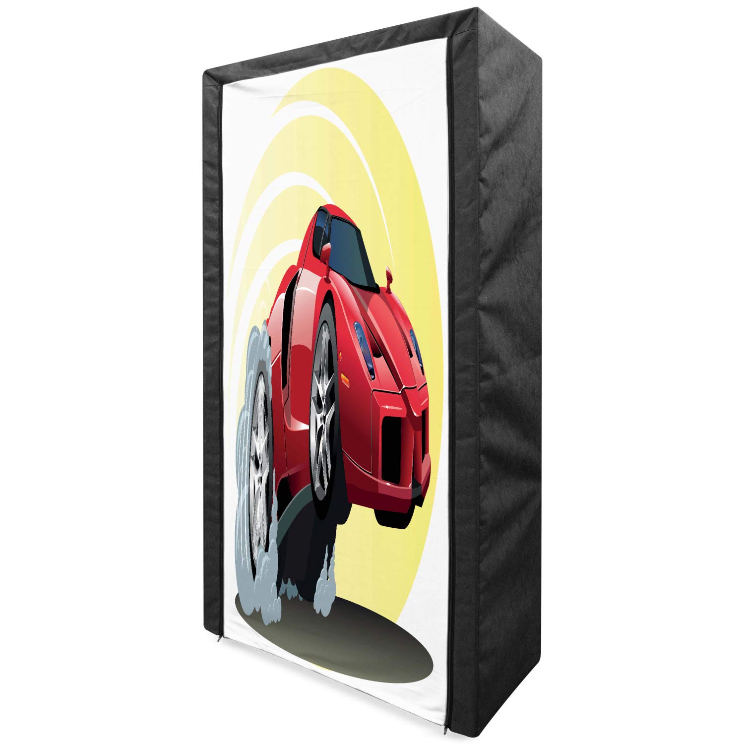 Ambesonne Portable Fabric Wardrobe with Cartoon Car Design - 33.5 Inch Clothing Organizer with Shelves for Bedroom Storage (Red, Yellow, Grey) | Perfect for Kids' Room, Dormitory & Small Space Organization