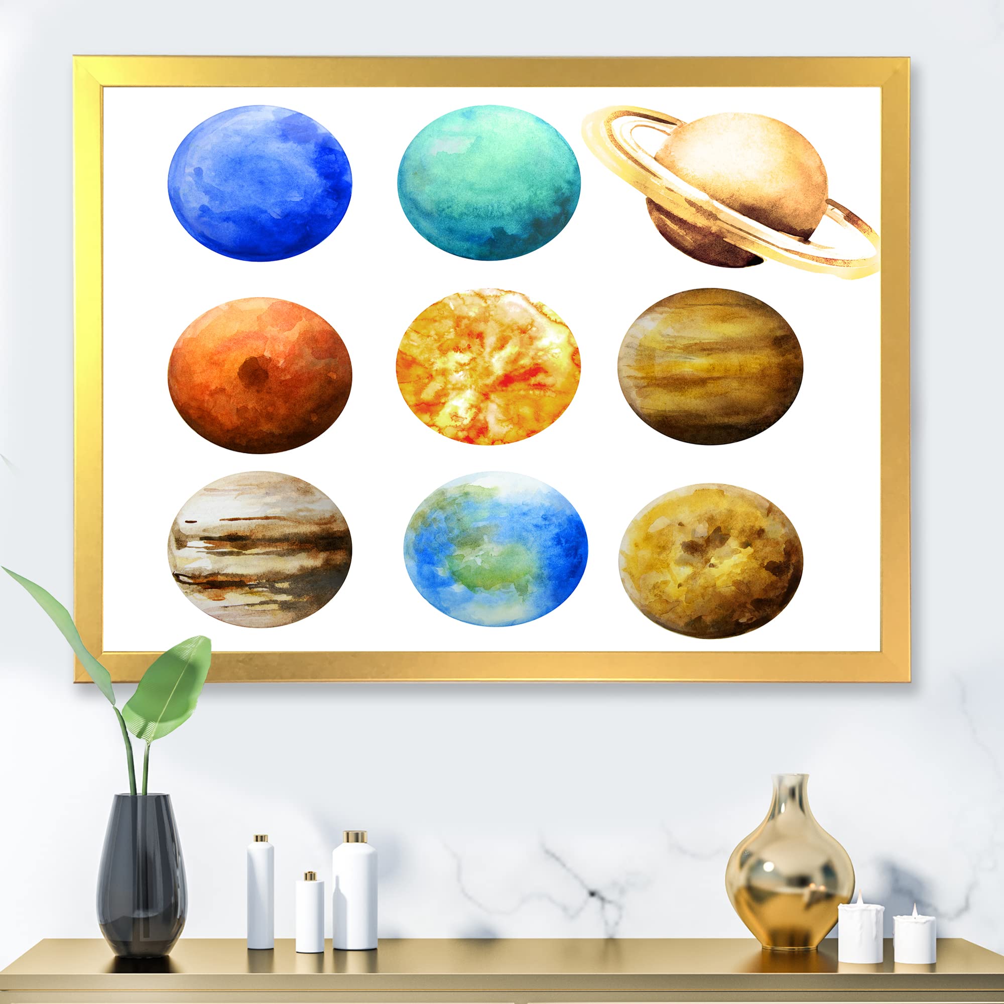 DesignQ Various Planets in Orbit Modern Framed Wall Art - Solar System Decor for Living Room, Bedroom & Office - Space Themed Home Decoration & Gift Idea
