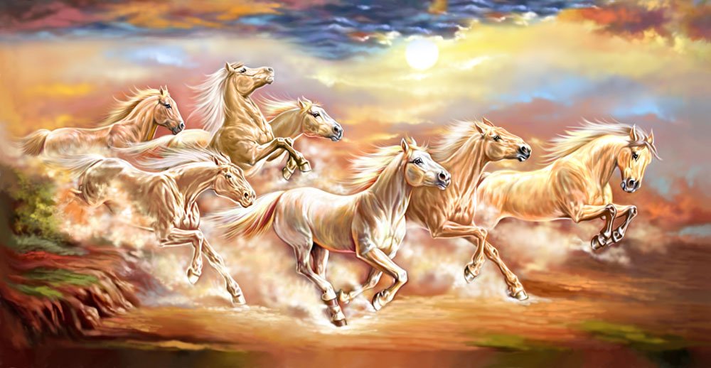 Vaastu Seven Horse Canvas Painting - Feng Shui Wall Art for Home & Office Decor - Perfect for Living Room, Bedroom & Workspace