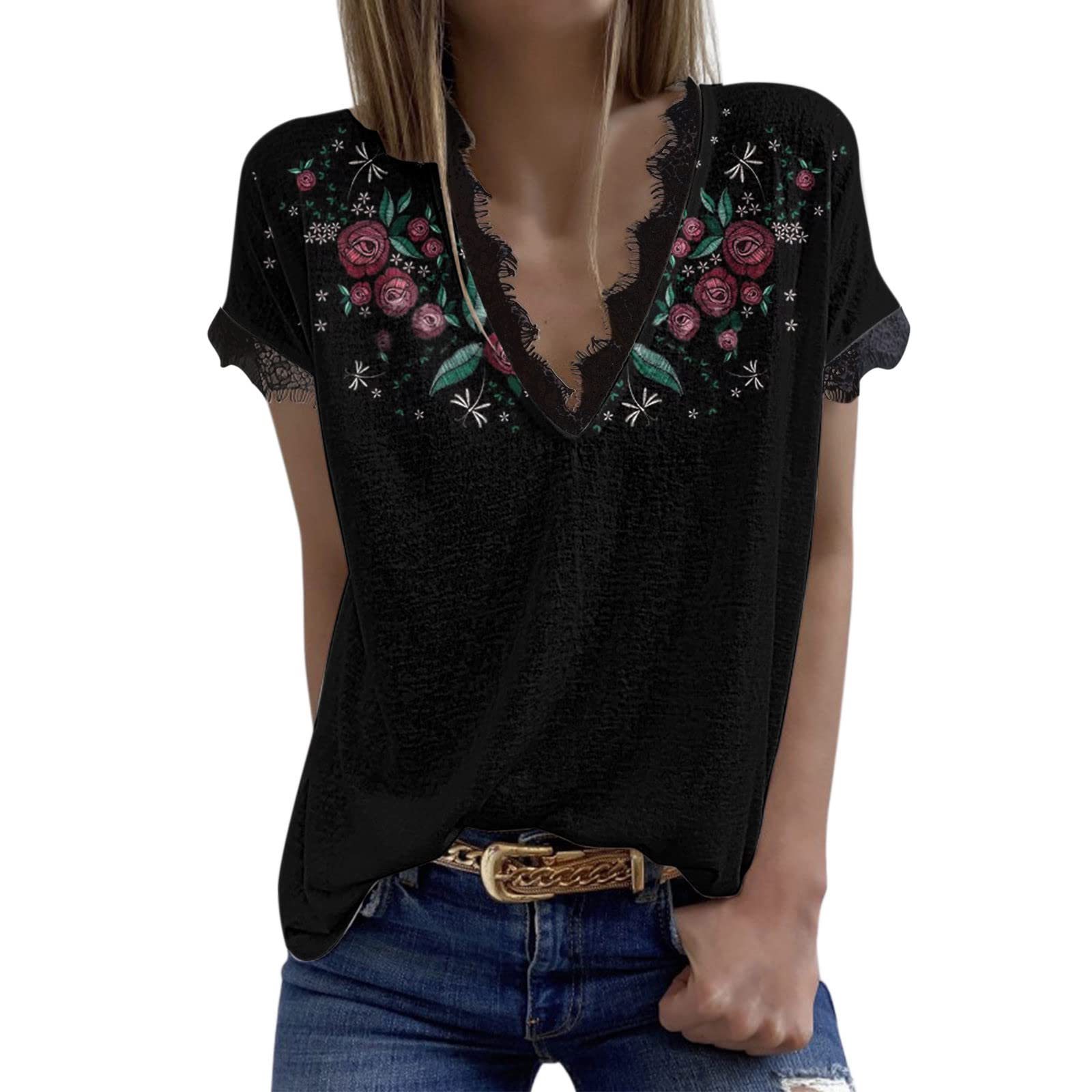 Vintage Lace Short Sleeve Blouse for Women - Summer Printed Elegant Side Tops & Tee Shirts | Perfect for Hiking, Casual Outings and Summer Fashion
