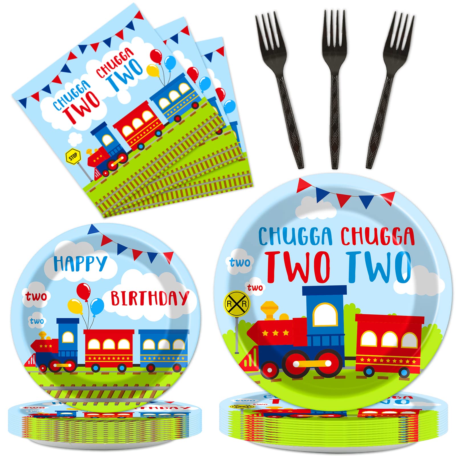 100 PCS Chugga Chugga Two Two Train-Themed Party Supplies Set - Disposable Paper Plates, Napkins & Forks for 2nd Birthday Decorations (Serves 25) | Perfect for Kids Transportation Theme Parties & Baby Shower Tableware
