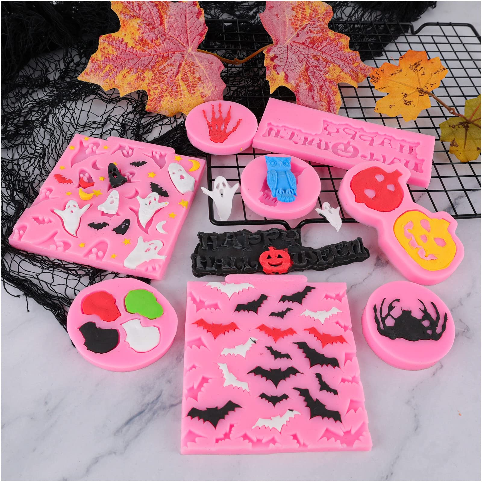 Halloween Silicone Molds for Fondant, Chocolate, Candy & Soap Making - Pumpkin, Ghost & Bat Shapes - Perfect for Cake Decorating, Cupcake Toppers & DIY Halloween Treats