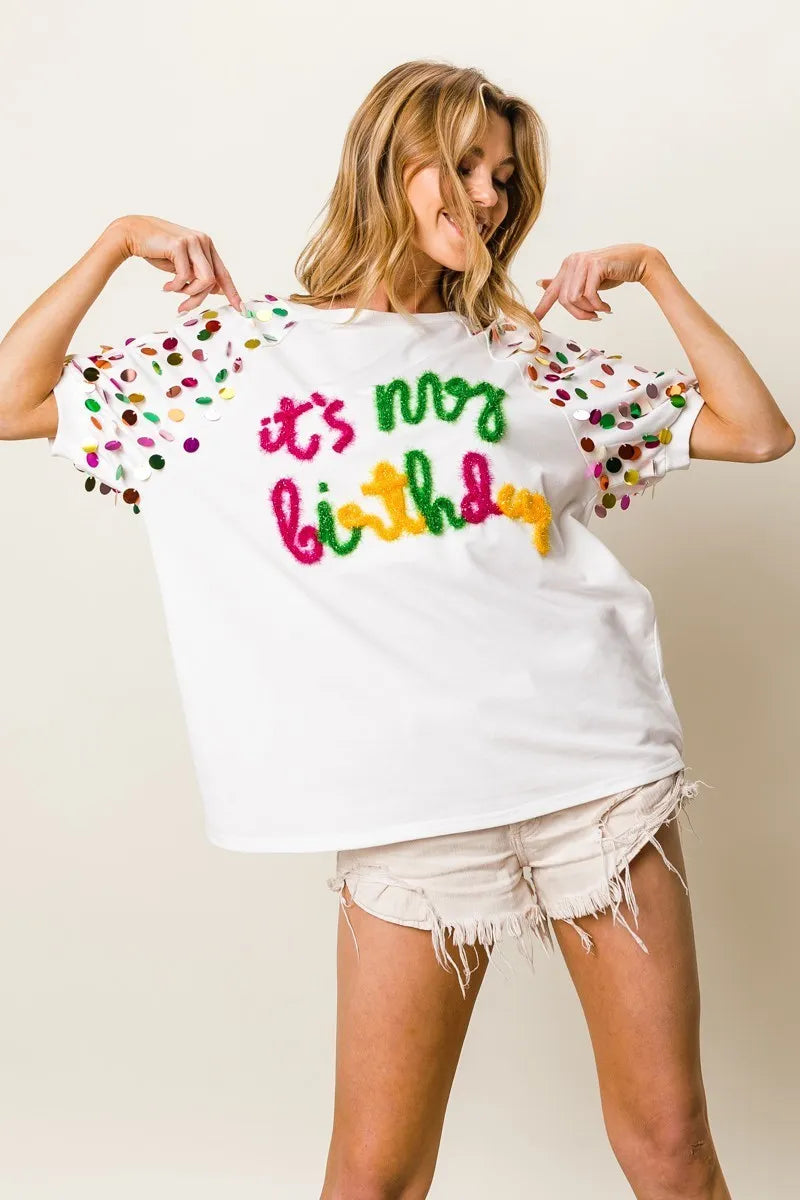 BiBi Metallic Letter Spangle Raglan Puff Sleeve Top | Trendy Women's Graphic Tee for Casual Wear, Party & Date Night Outfits