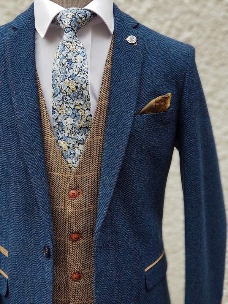Marc Darcy Dion Blue Tweed 3-Piece Wedding Suit with Tan Brown Waistcoat - Perfect for Formal Events, Weddings & Special Occasions