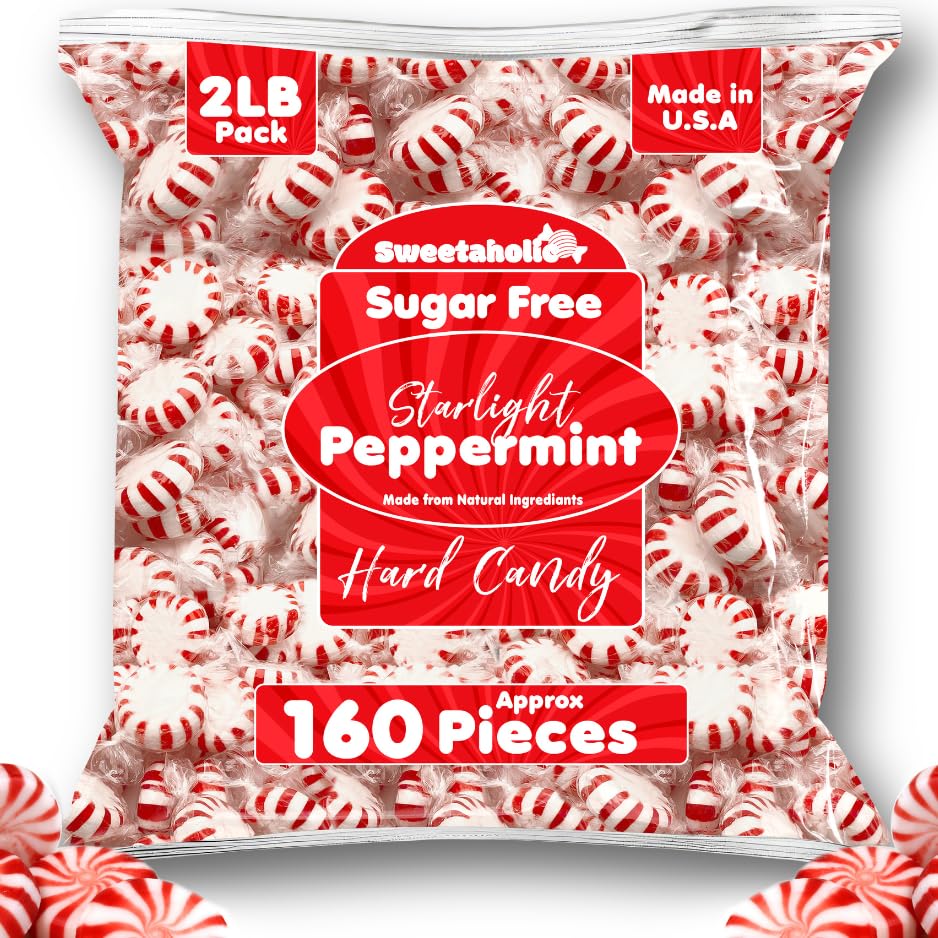 Sugar Free Starlight Peppermint Candy - 2 Pound Bulk Pack (160 Pieces) | USA Made Individually Wrapped Hard Candy | Kosher Certified & Low Calorie | Perfect for Christmas Gifts, Office Treats, Party Favors & Holiday Events
