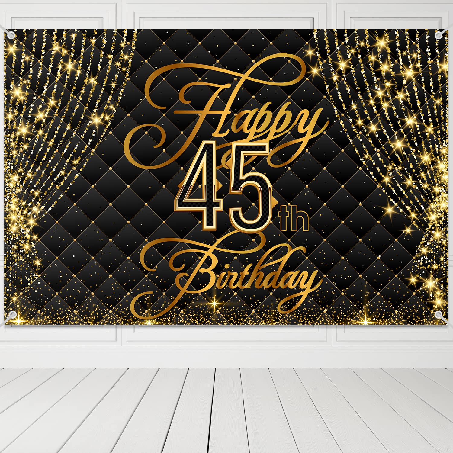 45th Birthday Banner Backdrop - Black & Gold Royal Curtain Decor for Women & Men | Photography Party Supplies | Perfect for Anniversary Celebrations, Milestone Parties & Photo Booths