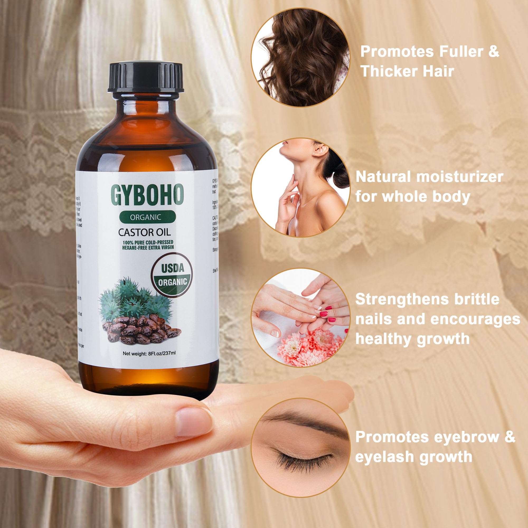 Organic Cold Pressed Unrefined Castor Oil in Glass Bottle with Organic Cotton Wrap Pack - Pure Hair Growth, Skin Care & Pain Relief for Stomach, Neck, Abdomen, Knee & Arm - Perfect for Massage, Aromatherapy & Natural Healing