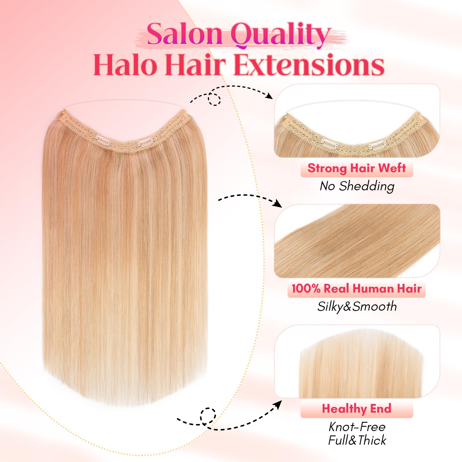 Rich Choices 100% Real Human Hair Halo Extensions - 22 Inch Invisible Wire Remy Hair Extensions for Women (Ash Blonde Highlight Bleach Blonde) | Perfect for Weddings, Parties & Daily Styling