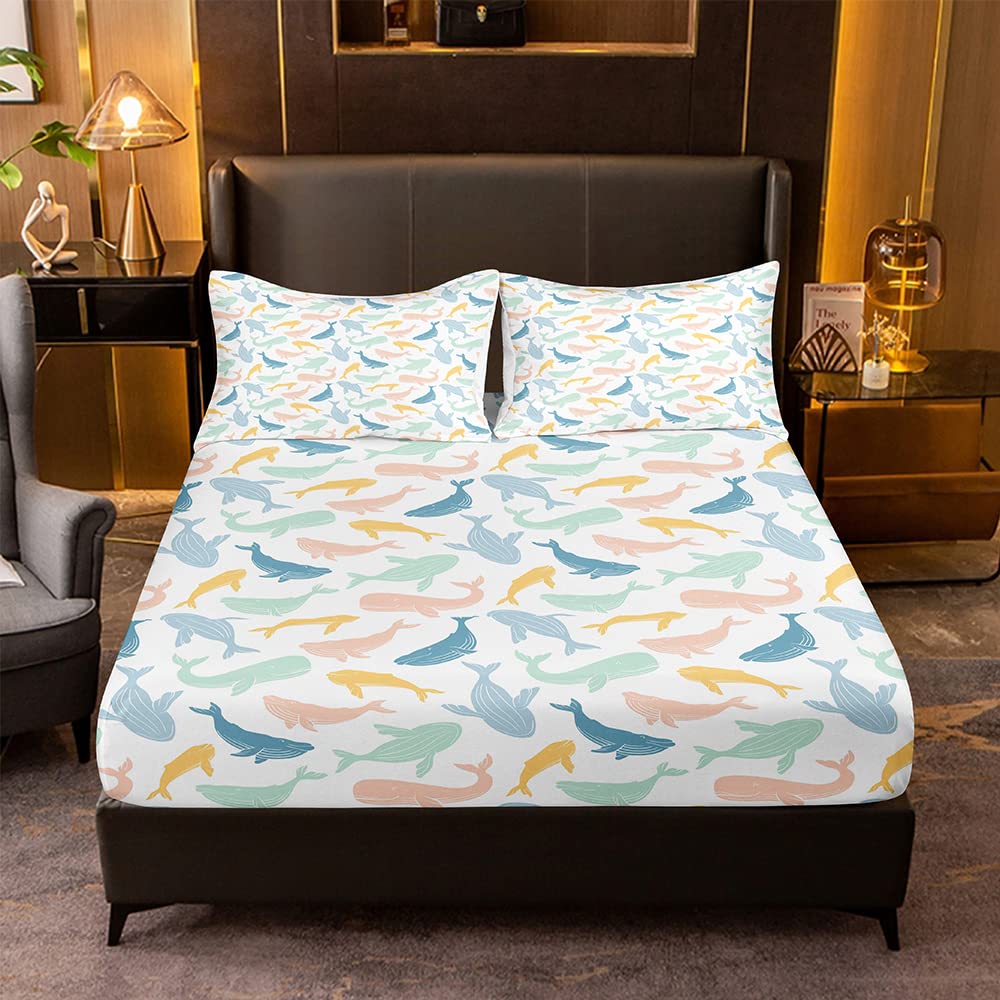 Color Whale Fitted Sheet Set Queen Size - Ocean Coastal Theme Kids Cartoon Sea Life Animal Print Bedding with 2 Pillowcases - Perfect for Boys & Girls Bedrooms, Beach House Decor, and Nautical Nursery Themes