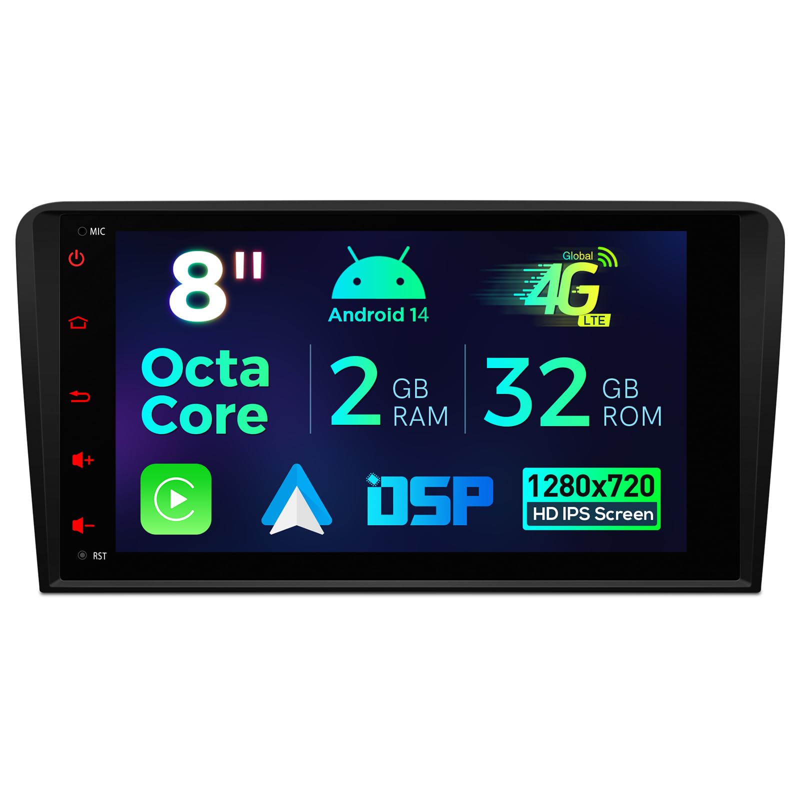 XTRONS 8 Inch Android 14 Car Stereo - Octa Core 2GB RAM 32GB ROM 4G LTE | Apple CarPlay & Android Auto | DSP WiFi Bluetooth 5.0 GPS | 1280x720 HD IPS Screen | DAB+/DVR/TPMS/OBD/AHD Camera Compatible | For Audi A3 8P S3 RS3 | Perfect for Road Trips & Daily Commuting