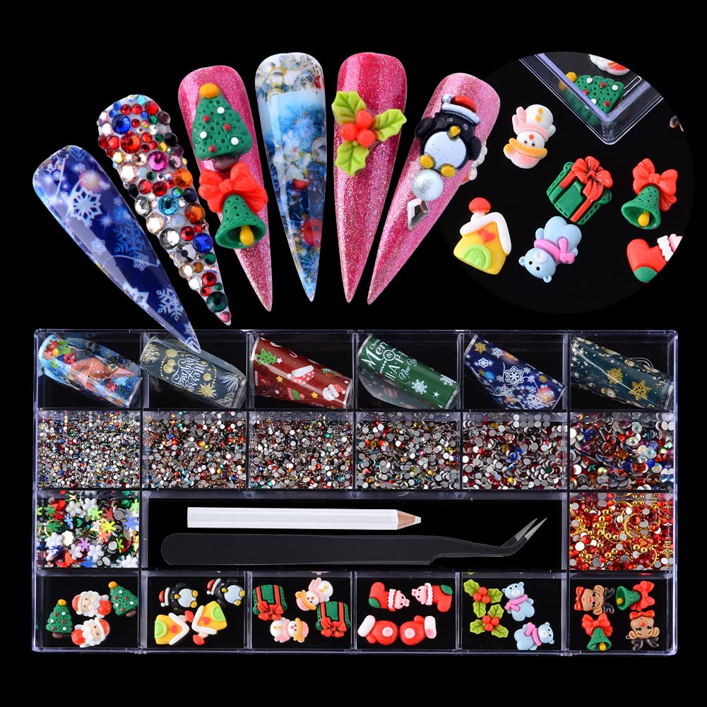 Christmas Nail Art Rhinestones Kit - 3D Reindeer, Bells, Trees Resin Charms with Foil Sequins for DIY Nail Decoration | Includes Wax Pen & Tweezers | Perfect for Holiday Parties, Gift Giving & Festive Nail Designs