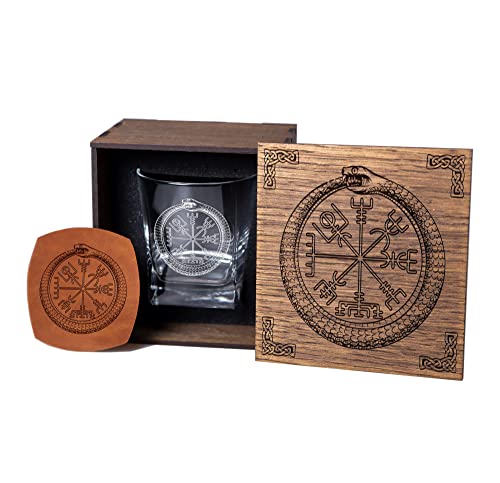 Premium Viking Whiskey & Bourbon Glass Gift Set for Men - Unique Anniversary, Birthday & Father's Day Present - Best Man & Groomsman Gifts with Vegvisir Design - Perfect for Home Bars, Man Caves & Whiskey Tasting Parties