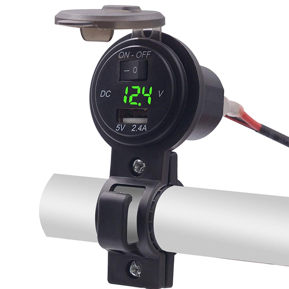 Polarlander 2.4A Motorcycle USB Charger with Voltmeter & Switch - Waterproof Power Outlet for Motorcycles, ATV, Trucks & Boats - Includes Fixed Mounting Bracket (Green) | Perfect for Road Trips, Camping & Outdoor Adventures