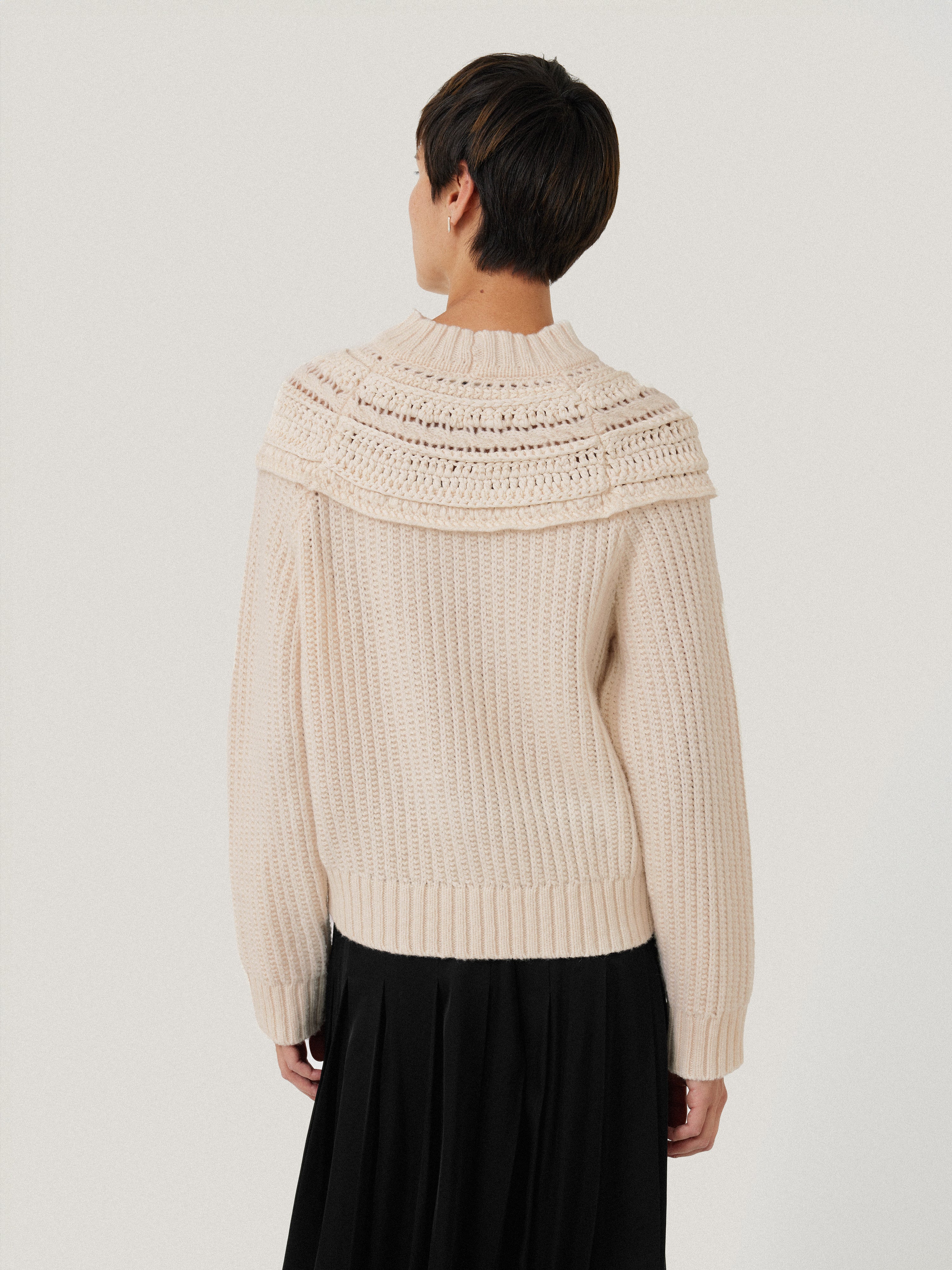 Cream Crochet Yoke Sweater for Women - Boho Chic Knit Pullover for Casual Wear & Fall Fashion