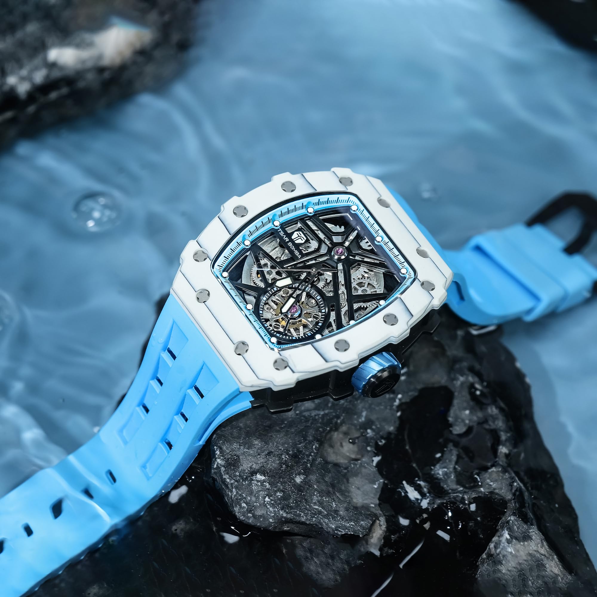TSAR BOMBA Men's Luxury Automatic Skeleton Watch - Silver Square Big Face with Silicone Strap - 50M Waterproof Analog Wristwatch - Perfect for Business, Formal Events & Everyday Wear